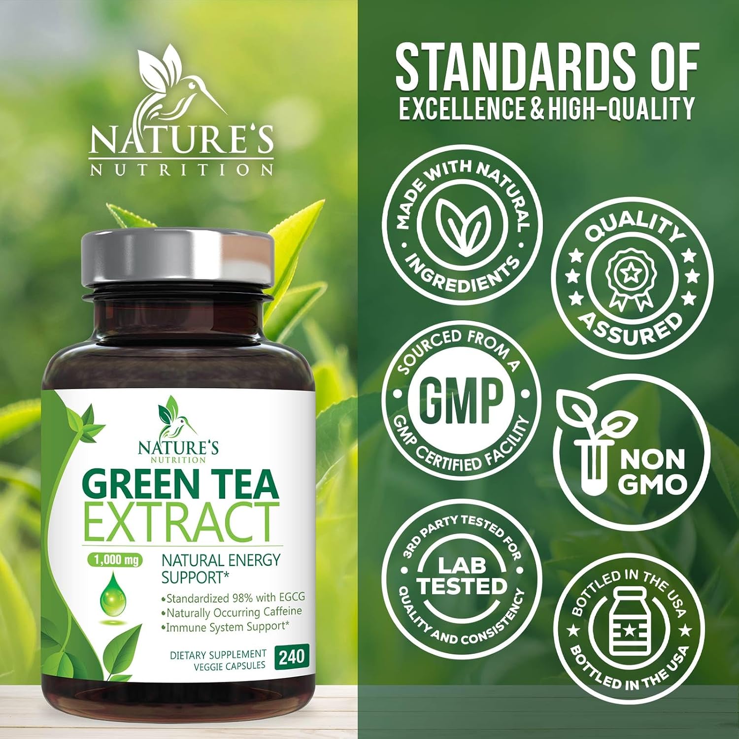 Green Tea Extract Capsules - 3X Strength Green Tea Extract 1000 mg Per Serving Pills with 45% EGCG & 98% Polyphenols for Natural Energy - Antioxidant Herbal Heart Support Supplement - 240 Capsules