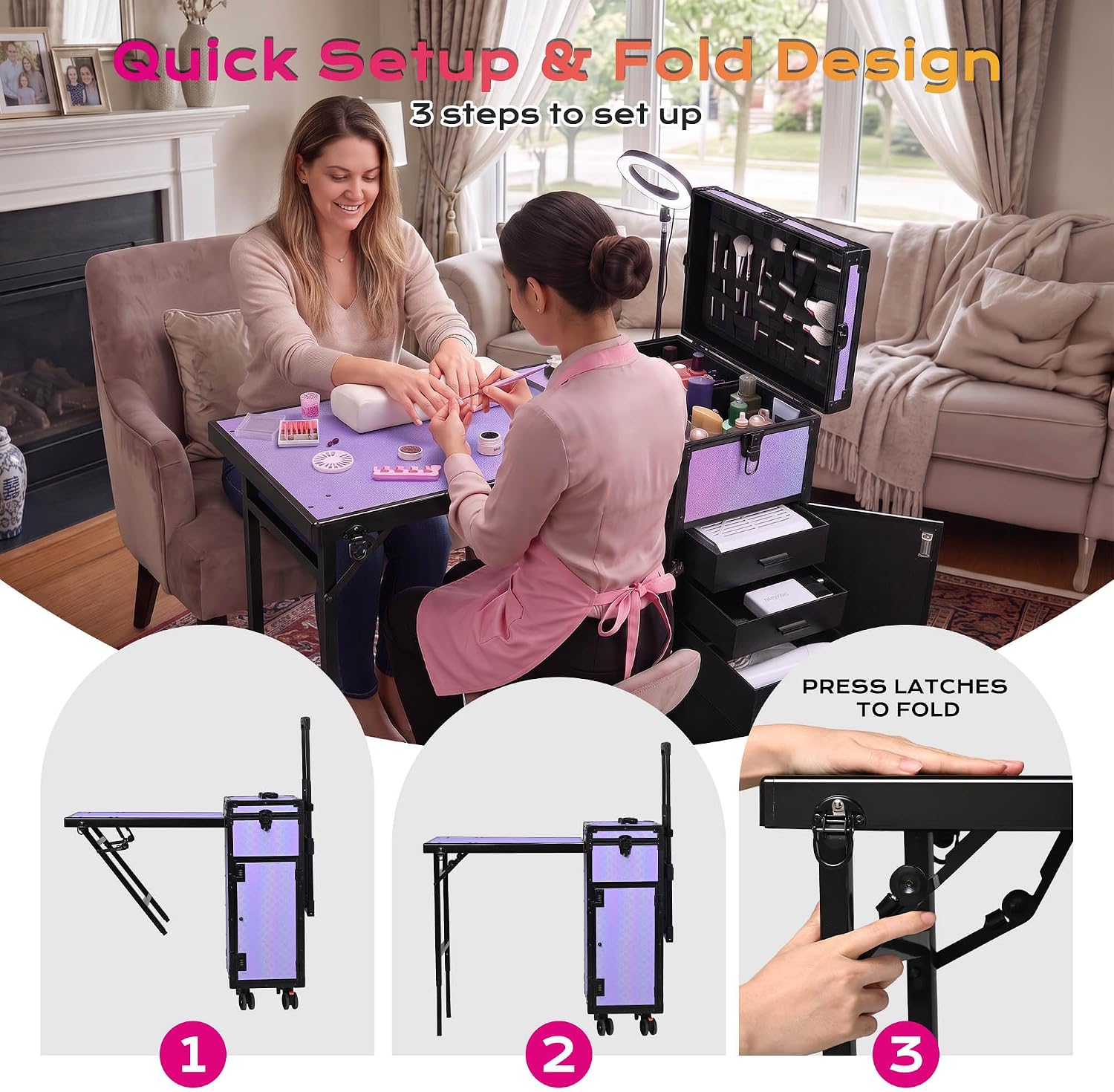 BYOOTIQUE Portable Nail Desk with 4 Storage Drawer Rolling Manicure Table