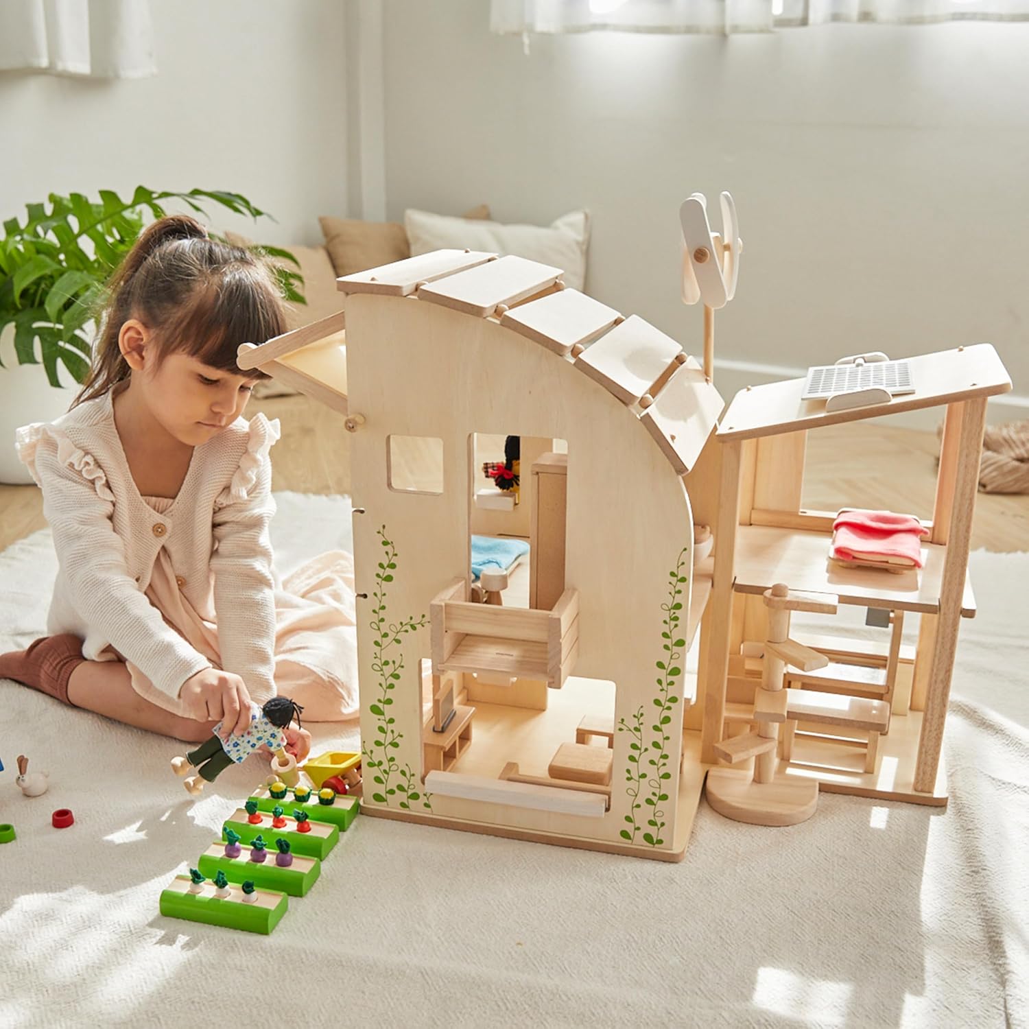 PlanToys® Green Wooden Dollhouse with Solar Panel, Wind Turbine & Furniture | recycling system, eco-friendly doll house, sustainable pretend play, kids, girls, environmental learning gift for boys
