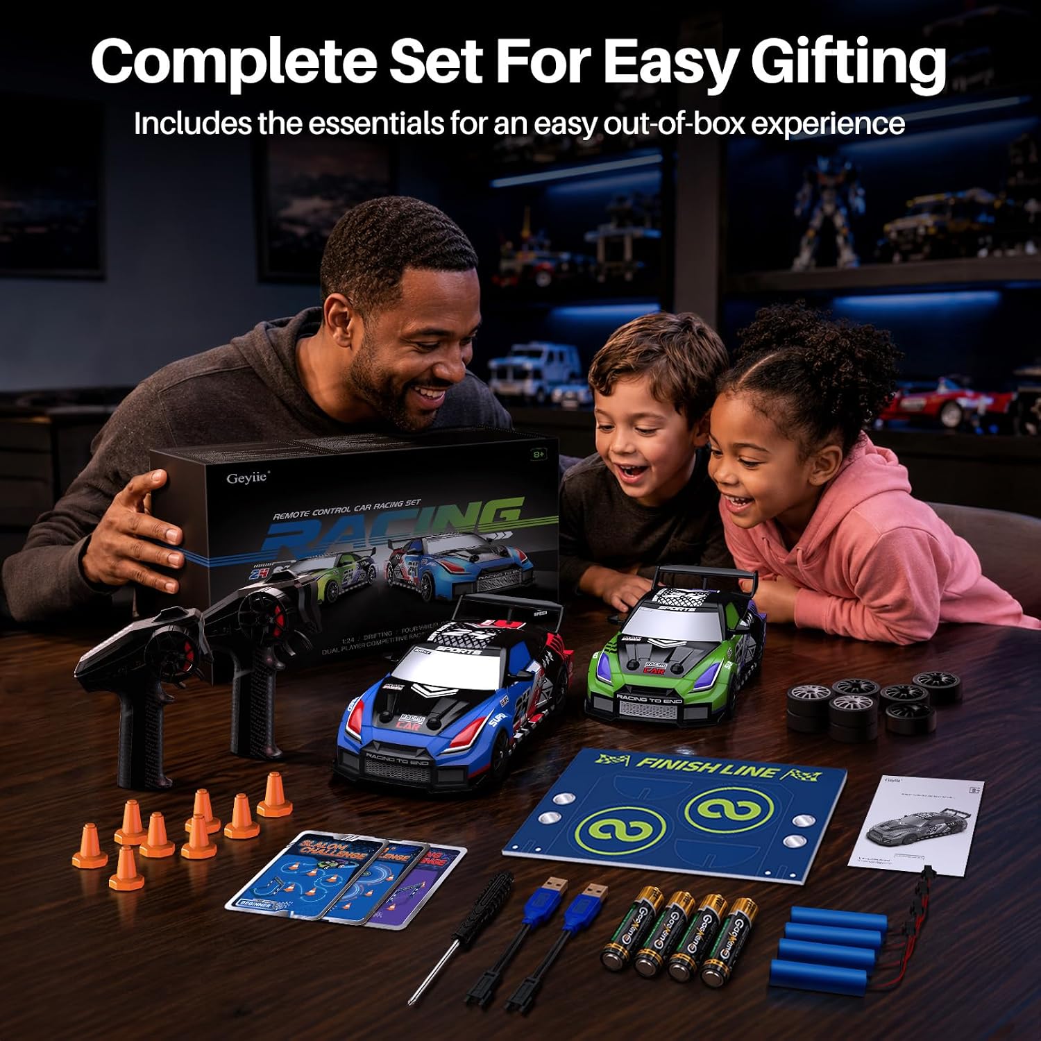 Geyiie 2 Pack RC Drift Cars for Kids, Complete 2-Player Racing Set | 1:24 Scale, LED Lights, 4 Batteries, Drift and Grip tires
