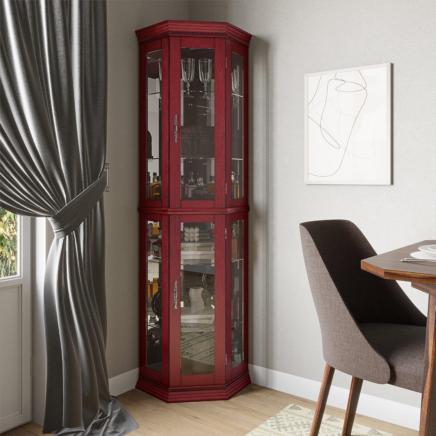 BELLEZE Lighted Wooden Corner Display Curio Cabinet, Two Section Shelving Unit with Tempered Glass Door