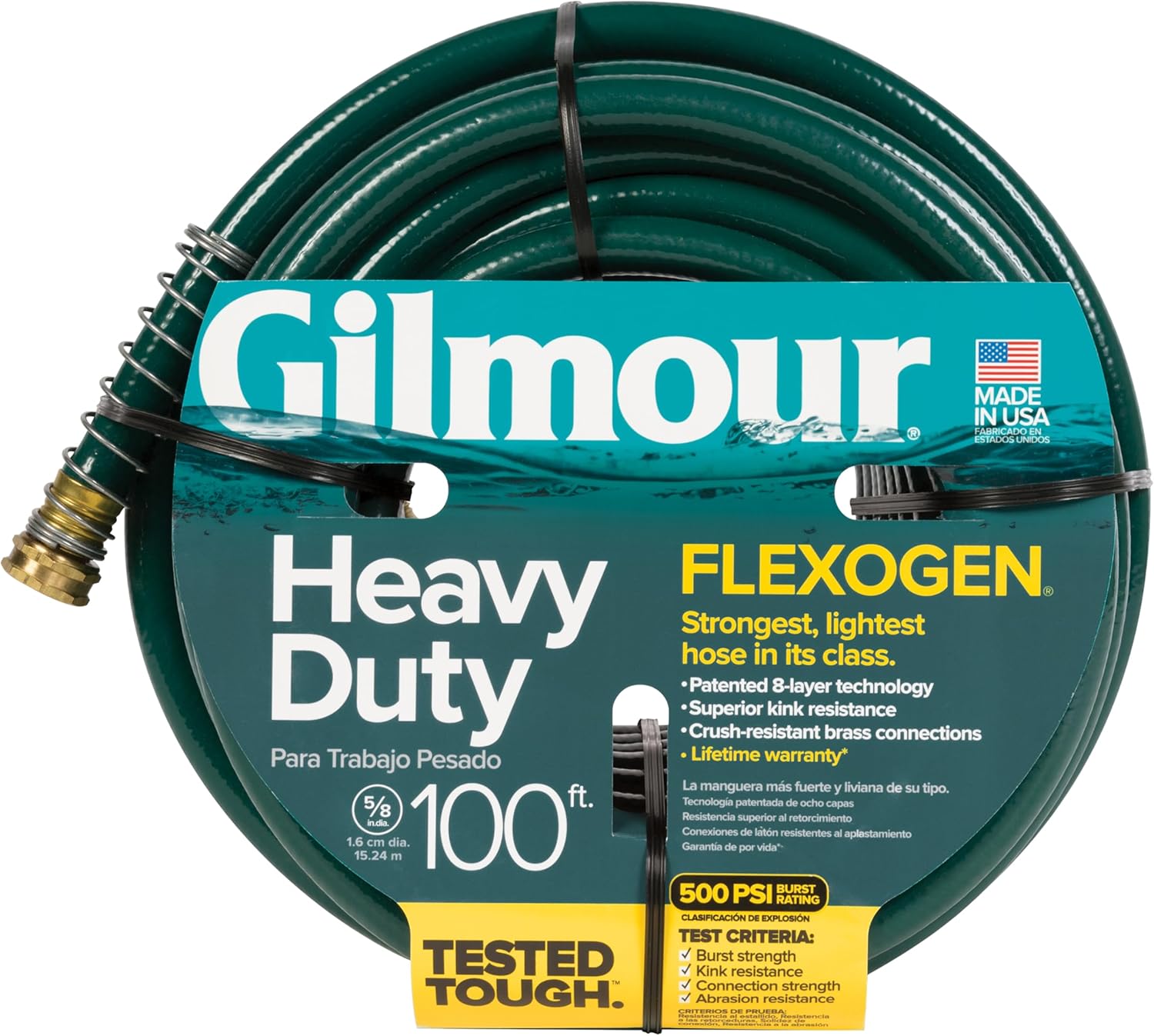 Gilmour 864751-1001 75ft Heavy Duty Flexogen Garden Hose, 5/8" Diameter | Heavy Duty Build, 500 PSI, Kink-Resistant Layers, Brass Fittings, All-Weather Durability, Made in USA