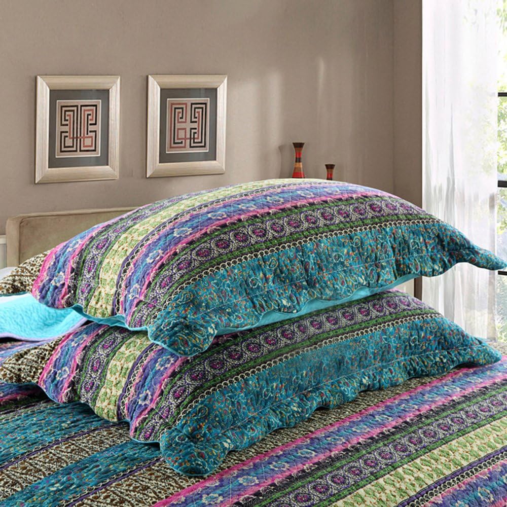 Striped Jacquard Style Cotton 3-Piece Patchwork Bedspread Quilt Sets, Queen Size