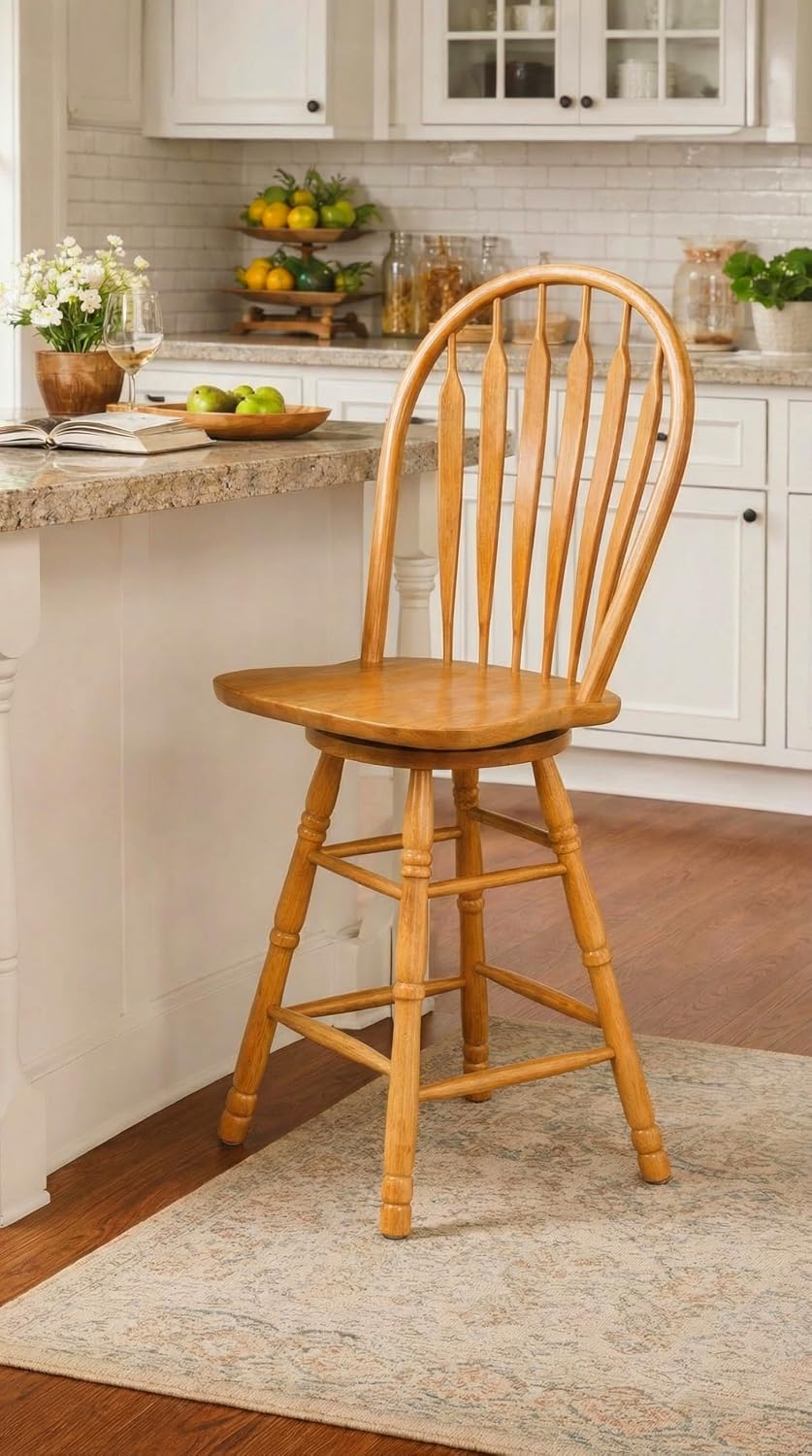 Sunset Trading Selections 24" Counter Height Swivel Barstool | Farmhouse Country Cottage Windsor Arrowback Café Stool | Light Oak Solid Wood