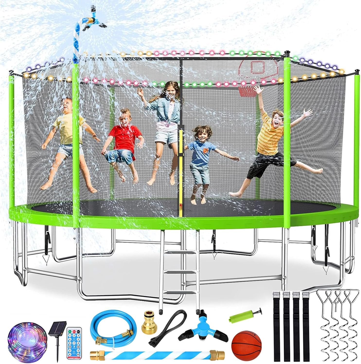 10 12 14 16FT Trampoline Outdoor, Light/Sprinkler/Basketball Hoop | Large Recreational Trampoline for Kids and Adults, Heavy Duty Yard Trampolines with Enclosure Net, ASTM Approval