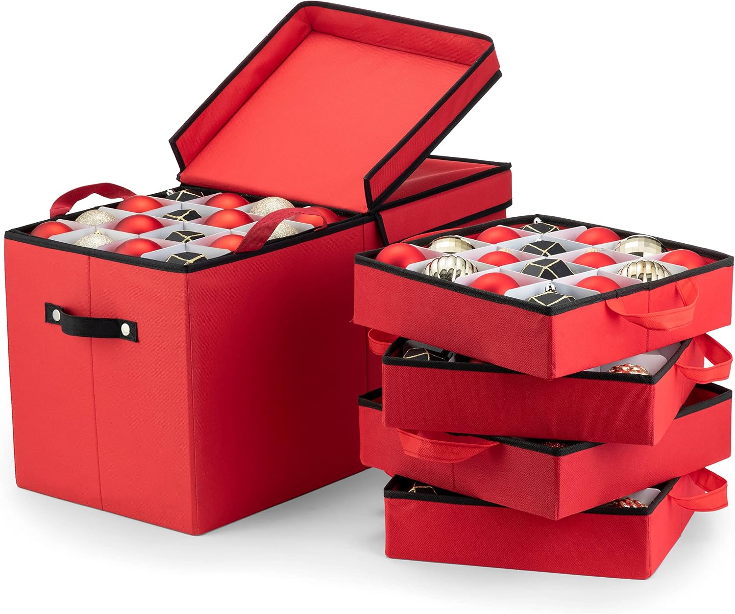 Zober Christmas Ornament Storage Box - Stores 64 Ornaments - Non-Woven, Tear- Proof Christmas Ornament Storage Containers - 3 Inch Cube Compartments - Red