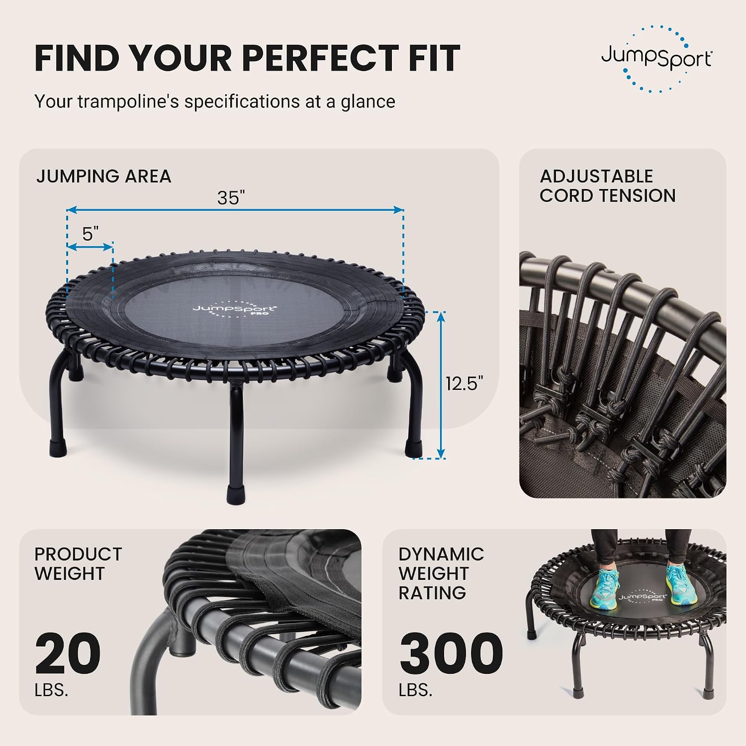 JumpSport 350 PRO 39 Inch Fitness Trampoline Indoor Rebounder Cardio Workout Equipment 300 lb Capacity