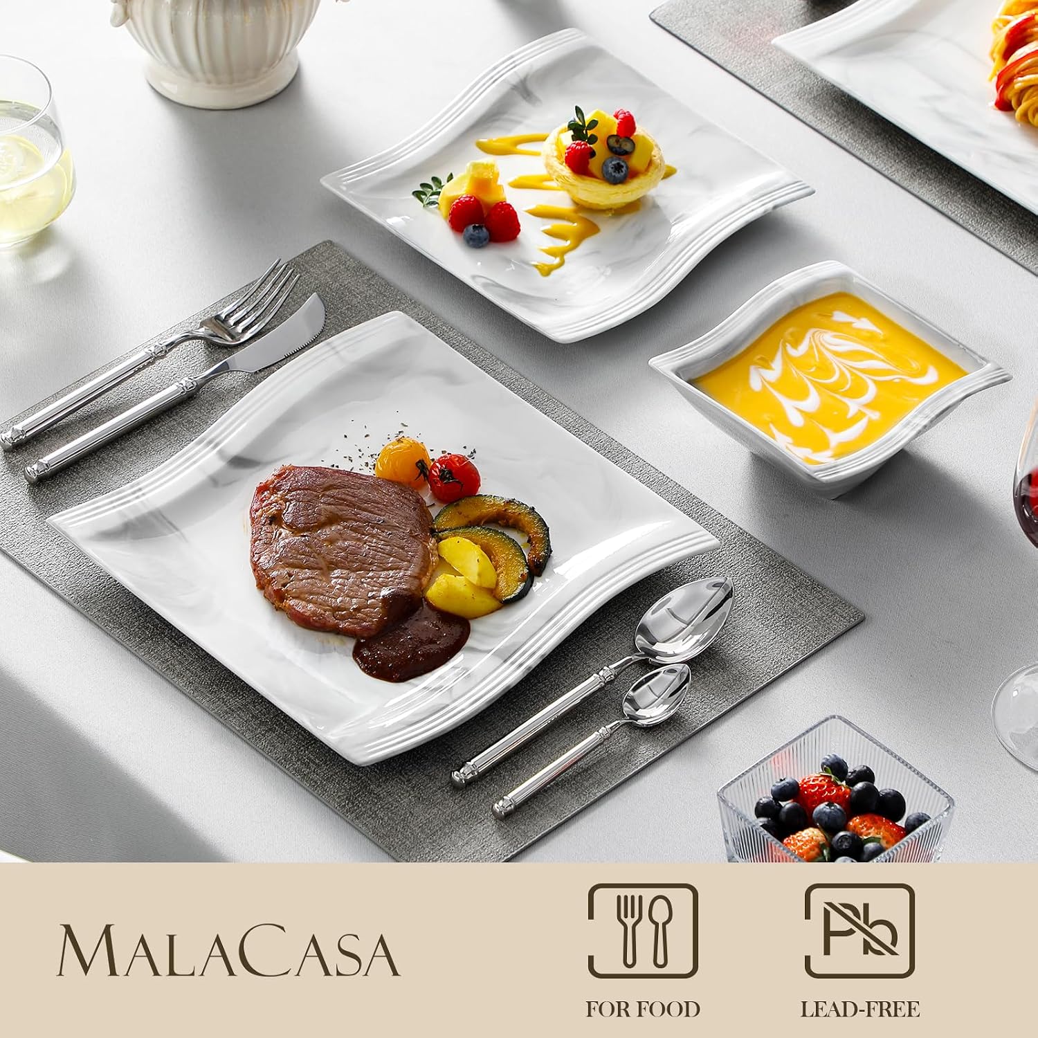 MALACASA Plates and Bowls Sets, 26 Pieces Ivory White Porcelain Dinnerware Sets without Mugs, Square Dinnerware with Dinner Plates, Bowls and Serving Platters, Modern Dish Set for 6, Series Flora
