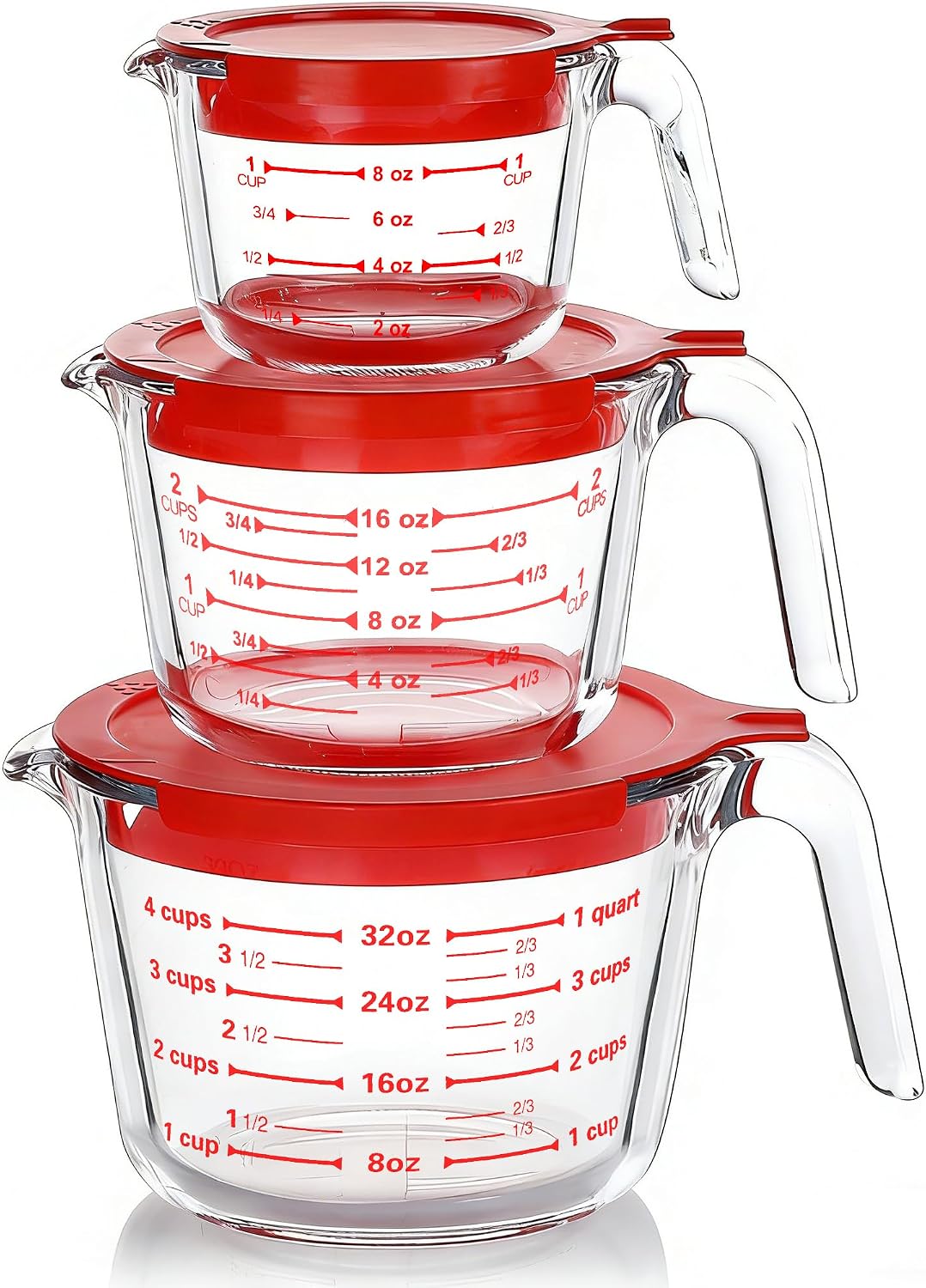 M MCIRCO 6 Pcs Glass Measuring Cups with Lids Set, 1 Cup, 2 Cup, 4 Cup | Measuring Jugs with Handle, Nesting Liquid Measuring Cups for Kitchen