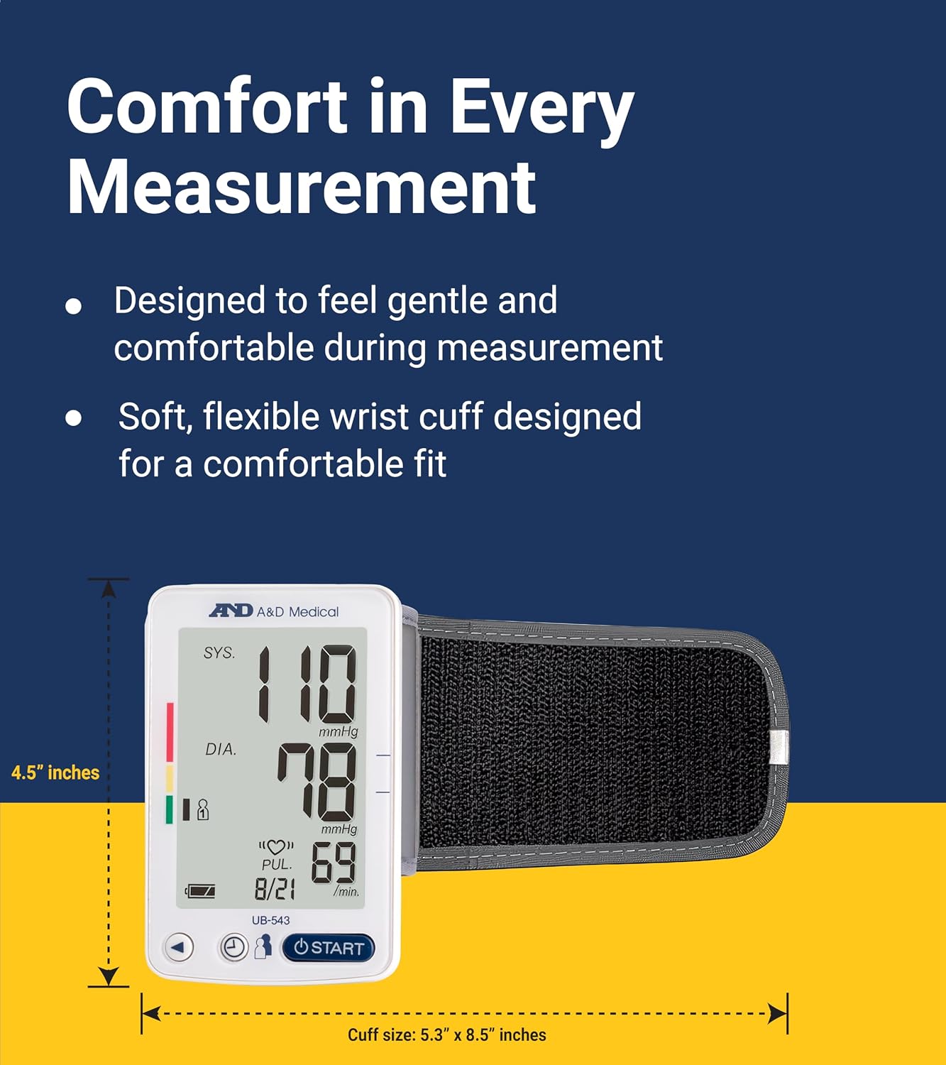 A&D Medical UB-543 Wrist Blood Pressure Monitor, 2 Users, Cuff 5.3-8.5" | BP Adjustable Cuff (5.3-8.5"), 2 Users, One Button Operation, LCD Display, 60 Memory, Carrying Case, 2 AAA Batteries