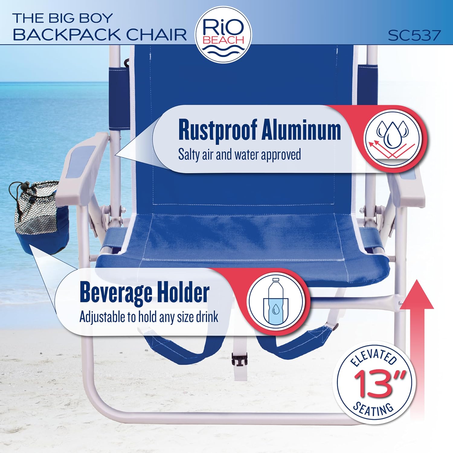 Rio Beach 2-Pack Wide Big Boy 4-Position Backpack Beach Chair with Pillow, Arms, and Storage Pouch, Lightweight Outdoor Portable Camping Chair with Carry Straps, Supports up to 300 lbs., Blue/Red