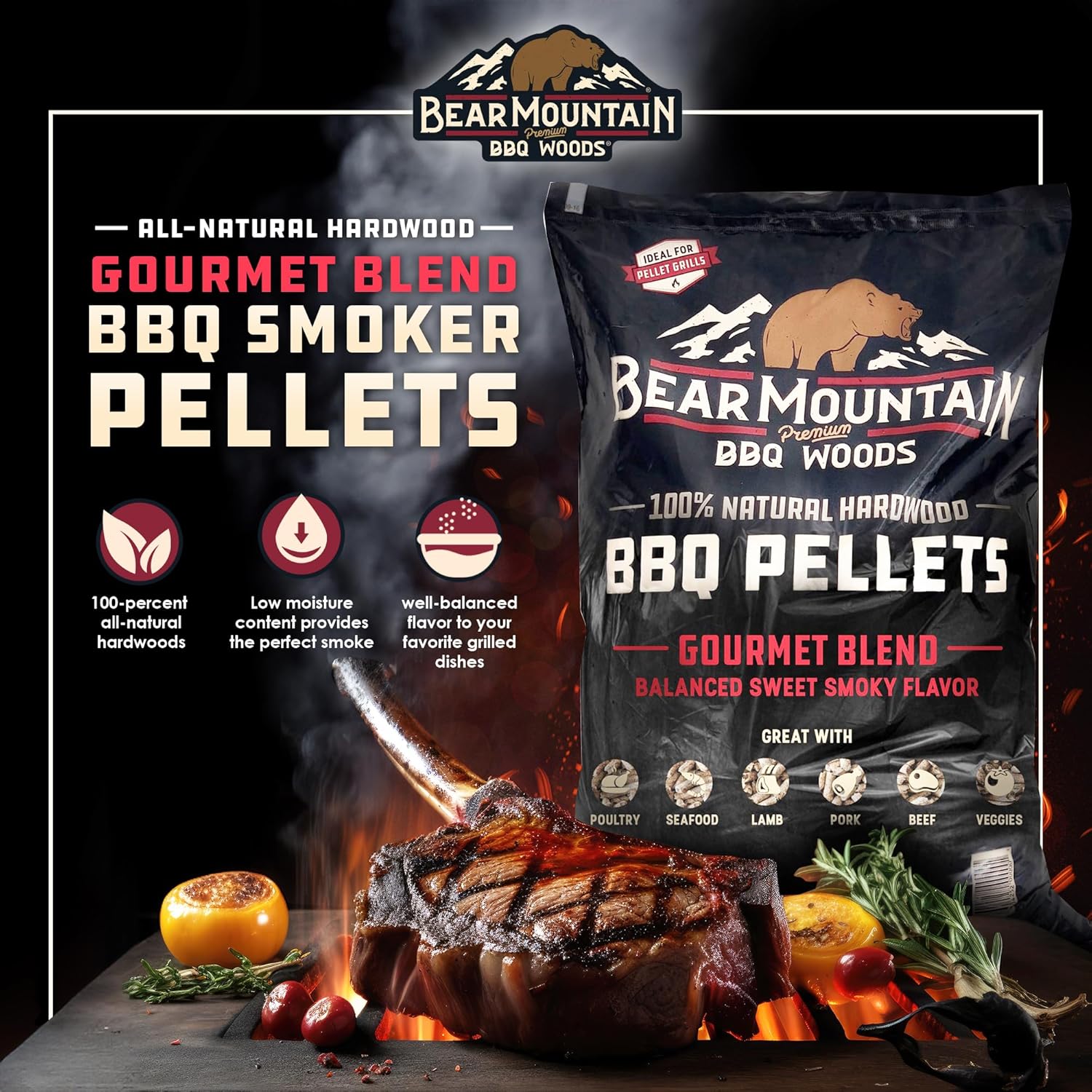 Bear Mountain Gourmet Blend Pellets for Smoker and Grill, 40lb Bag