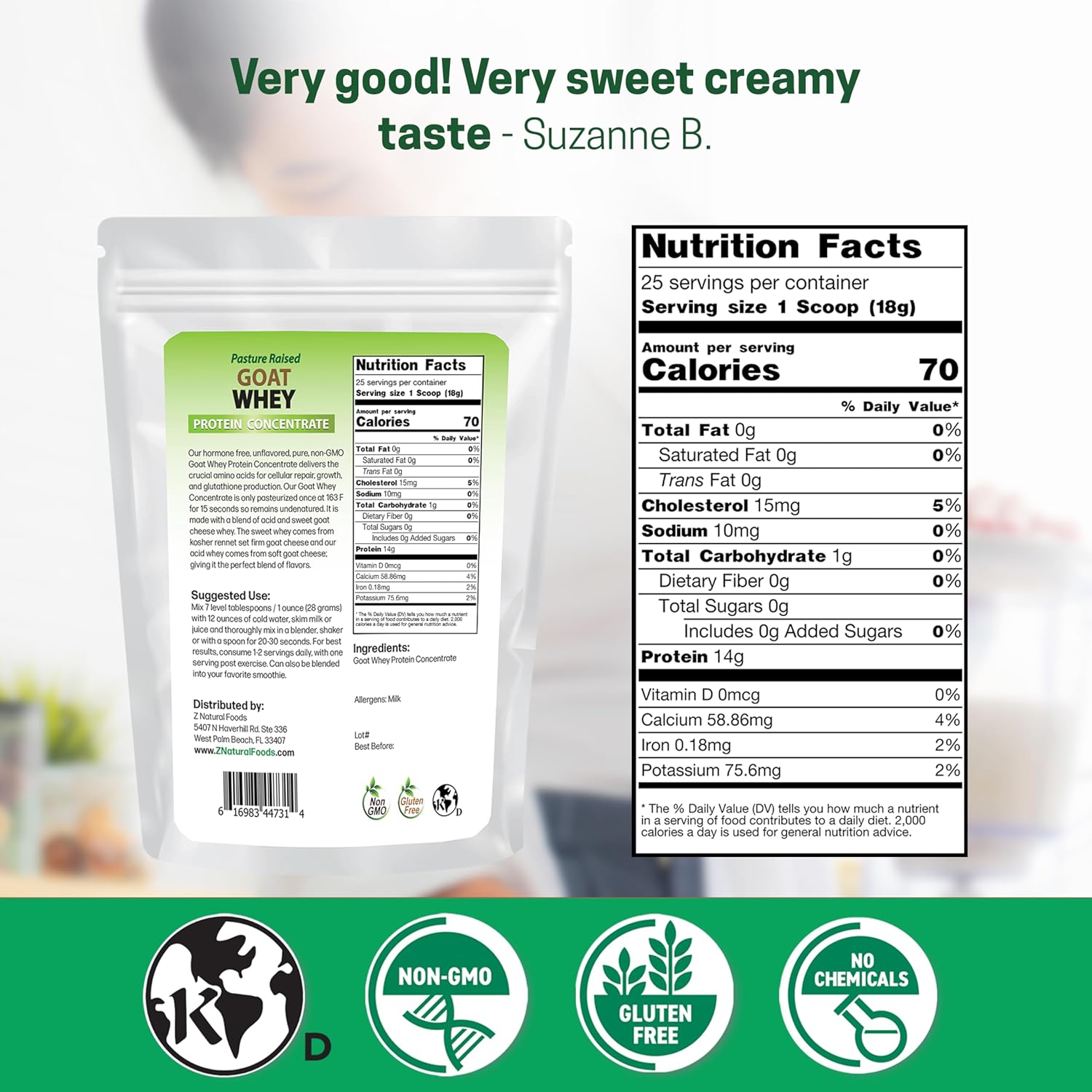 Z Natural Foods Goat Whey Protein Powder Concentrate - Pasture Raised, 1 lb