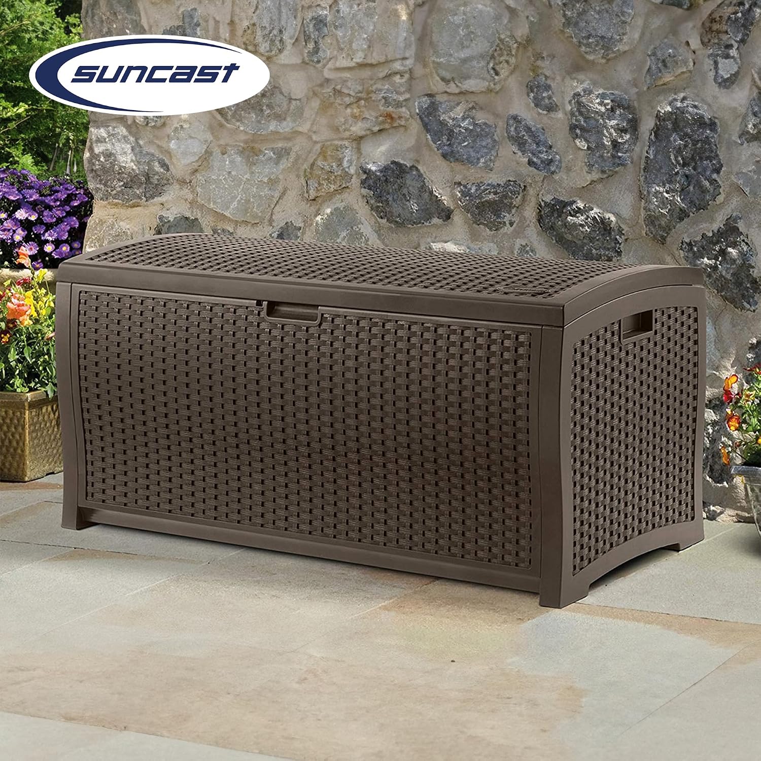 Suncast 99 Gal Wicker Resin Deck Box, Storage Chest Bin with Handles, Java