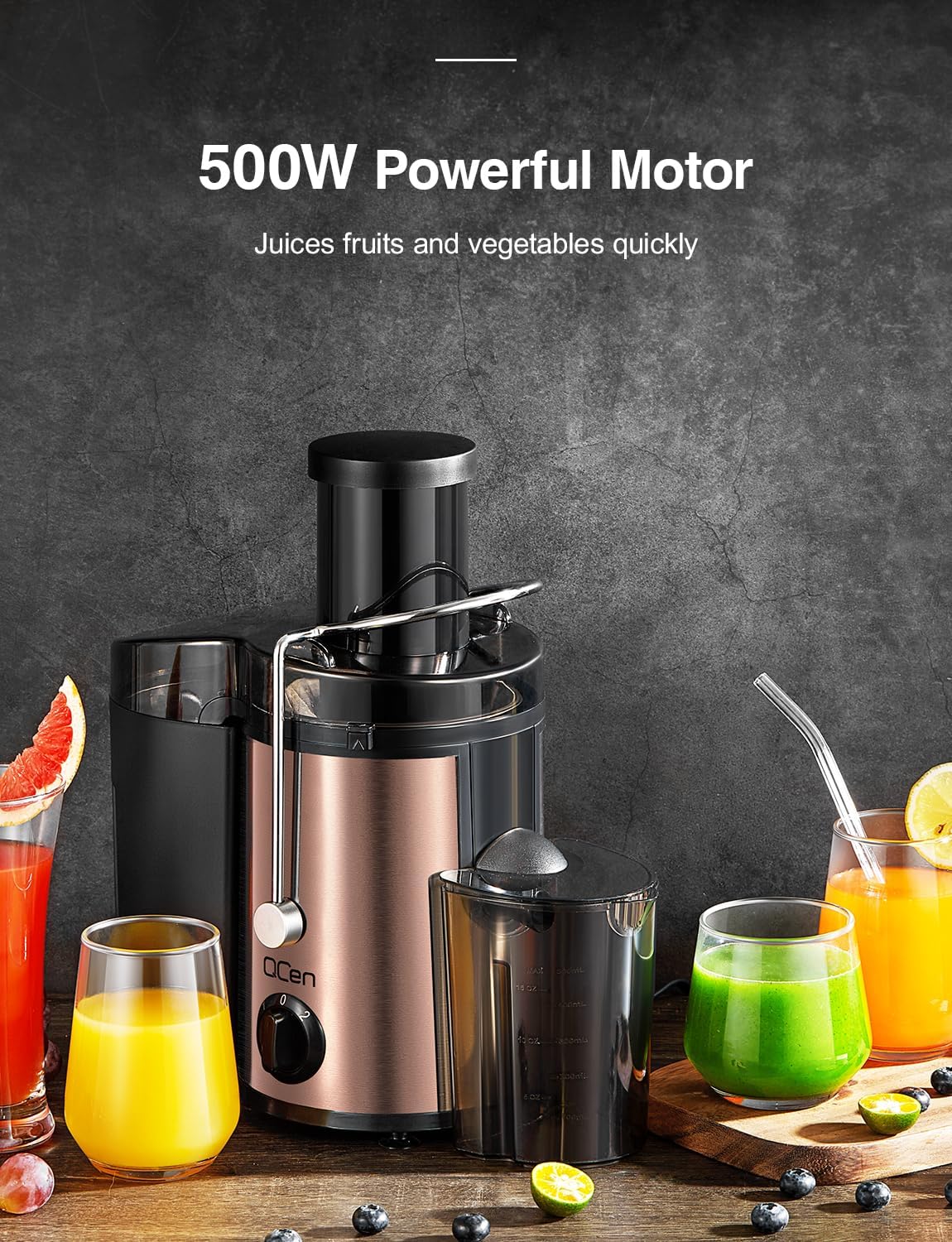 QCen Juicer Machine 500W Centrifugal Juicer with Extra Wide Feed Chute