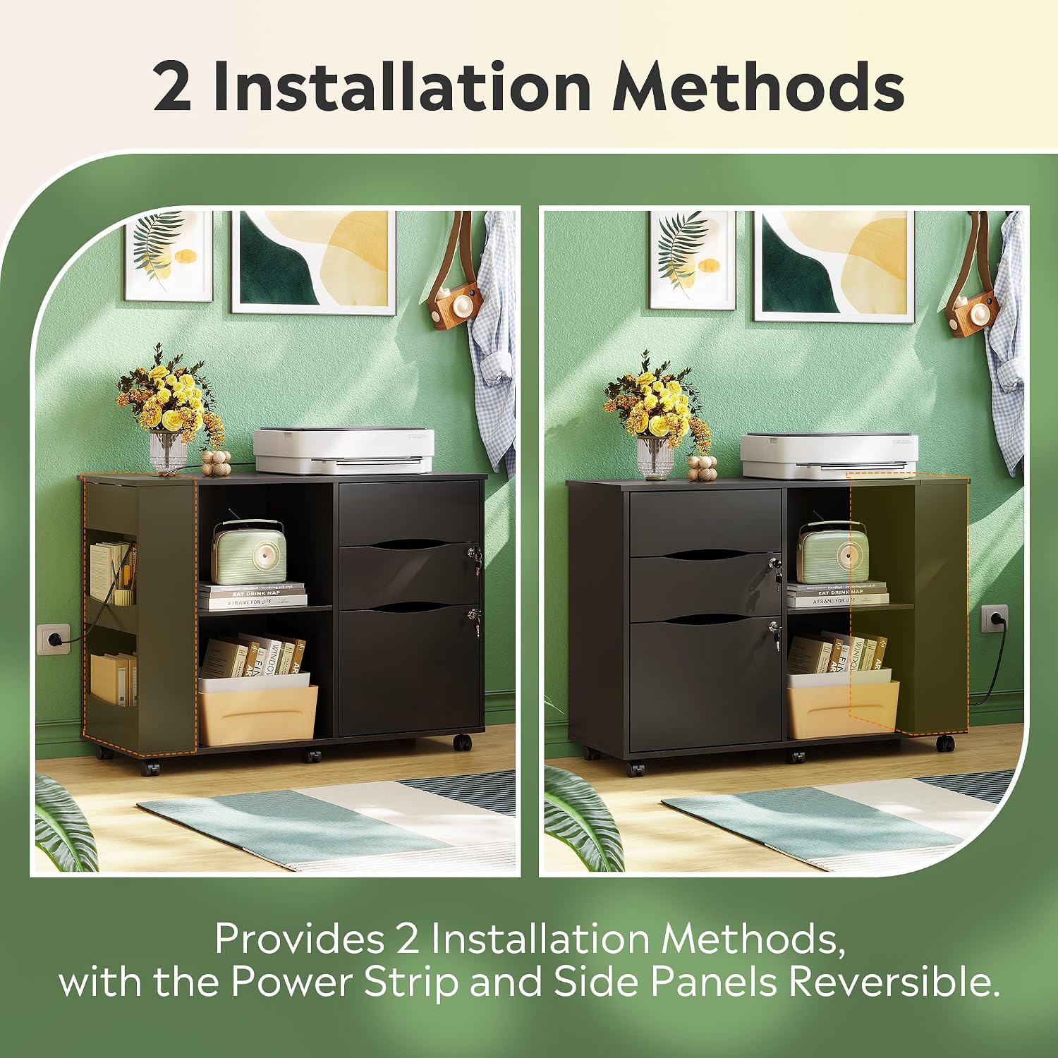 DEVAISE File Cabinet with Lock, Printer Stand with Charging Station Black | Lateral Mobile Filing Cabinets, Lock & Open Storage Shelves