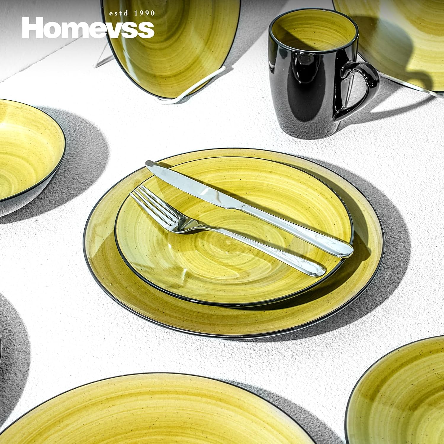 HomeVss, Sonoma Stoneware Dinnerware Set, Outside Black + Inside Hand Painting Color (16pc Set, Grey)