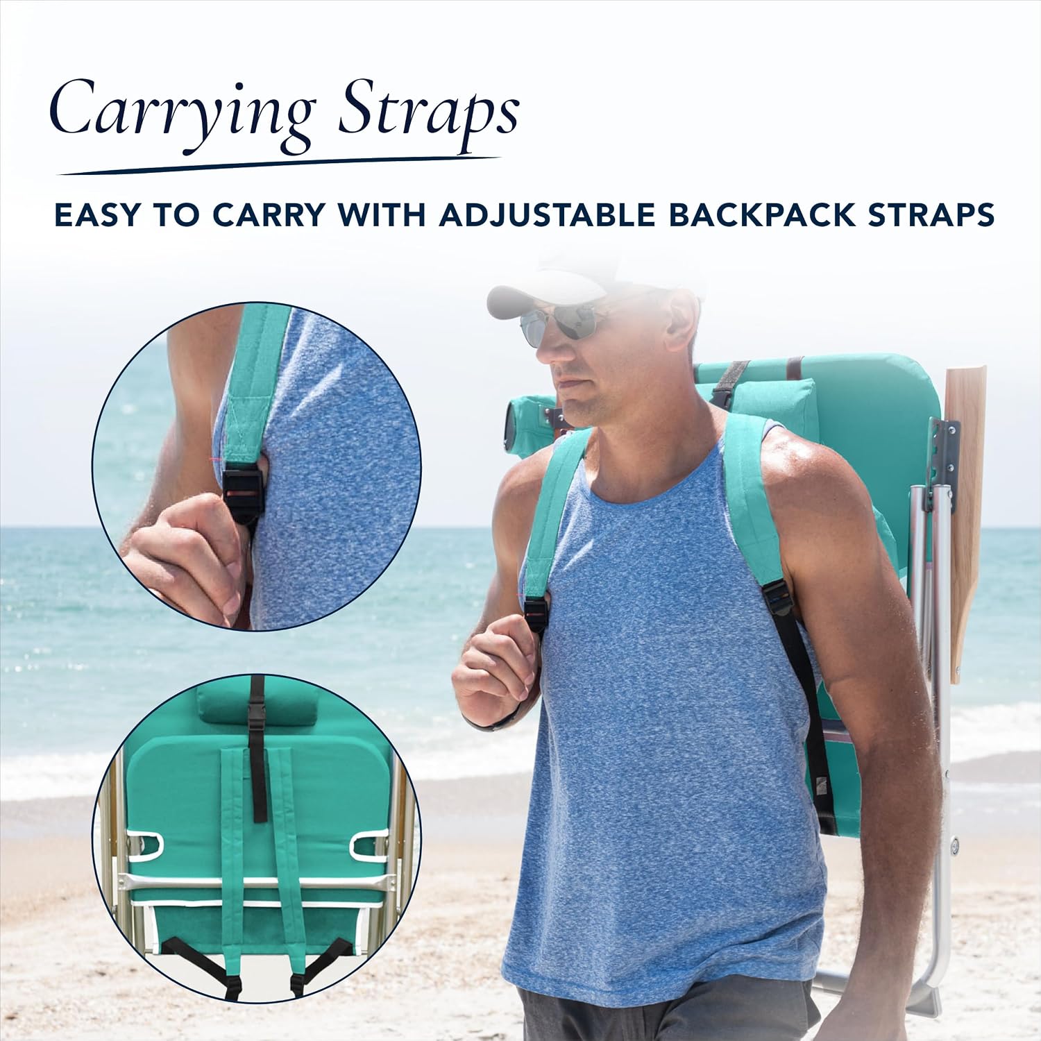 CARIBBEAN JOE Folding Beach Chair, 4 Position Portable Backpack Foldable Camping Chair with Headrest, Cup Holder, and Wooden Armrests