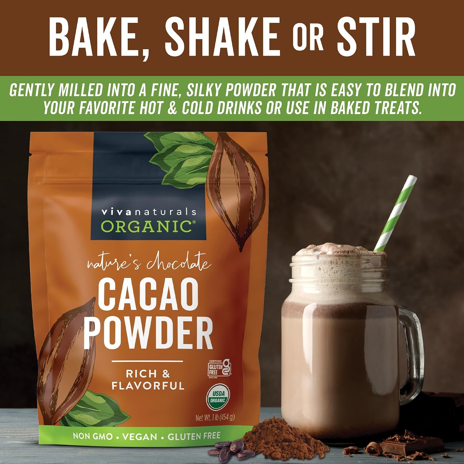 Organic Cacao Powder, Unsweetened, 1 lb (454 g) – Rich Dark Chocolate Flavor, Perfect for Baking, Smoothies & Hot Chocolate – Vegan, Keto, Paleo, Non-GMO & Gluten-Free Cocoa Powder