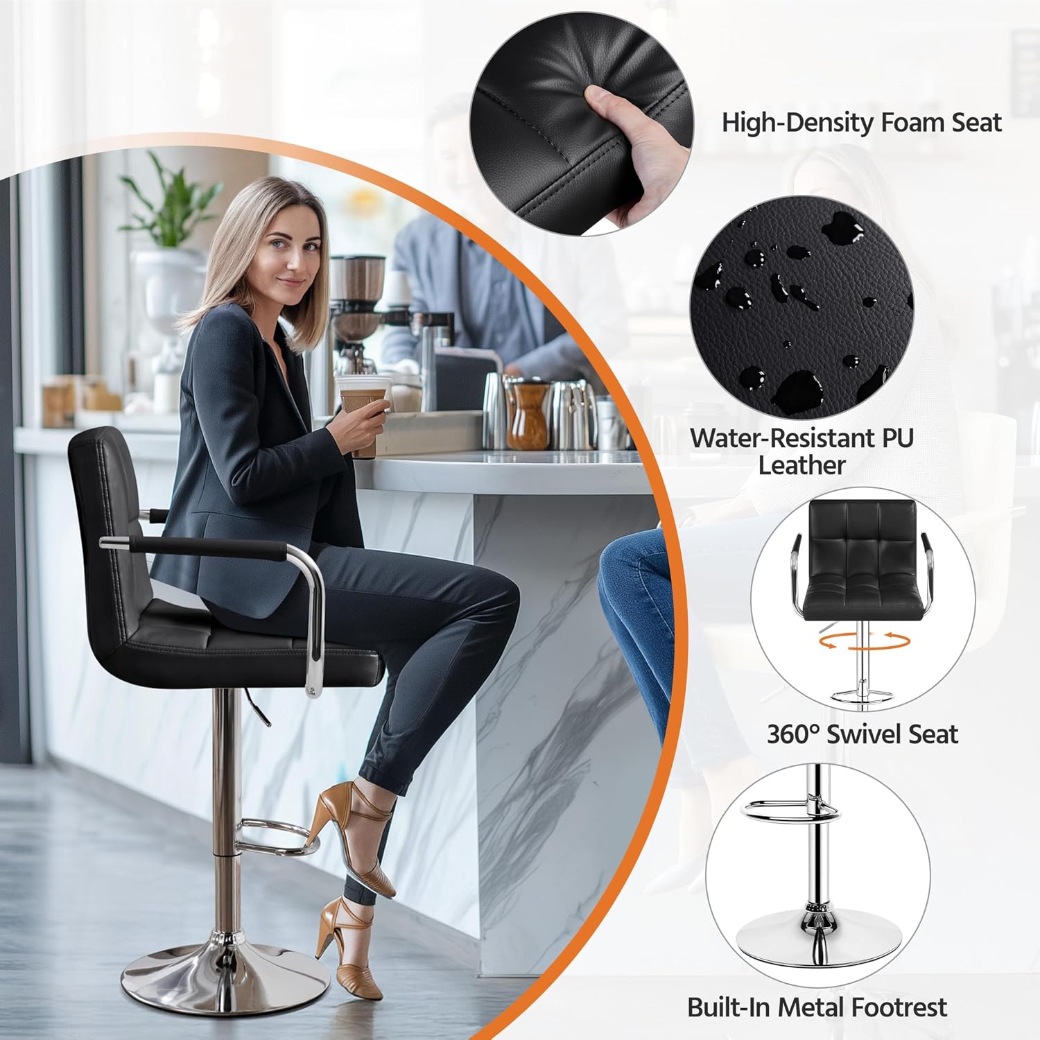 Yaheetech Bar Stools Set of 2, Swivel with Backs, Adjustable Height, White | 360° Swivel Barstools Feature Padded PU Leather Seats, Supportive Backs, 300 lb Capacity for Kitchen Islands