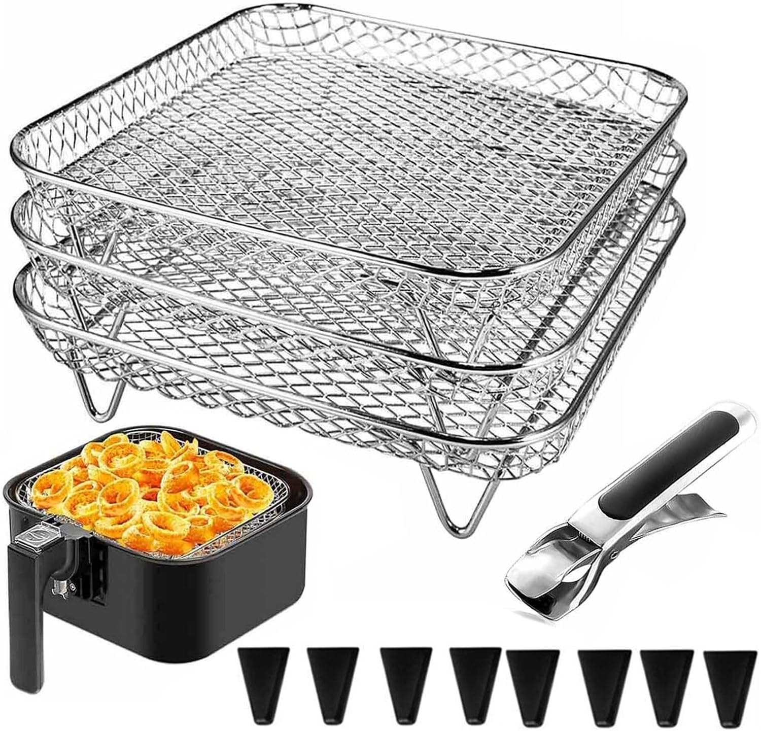 7 Inch Air Fryer Rack Compatible with Ninja Crispi/Ninja Pro 5QT/ Cosori 5QT/ Chefman 5-6QT/ Instant Pot 4Qt Vortex Air fryer &More, 3pcs Stackable Stainless Steel Air fryer Basket with 8 Silicon Feet