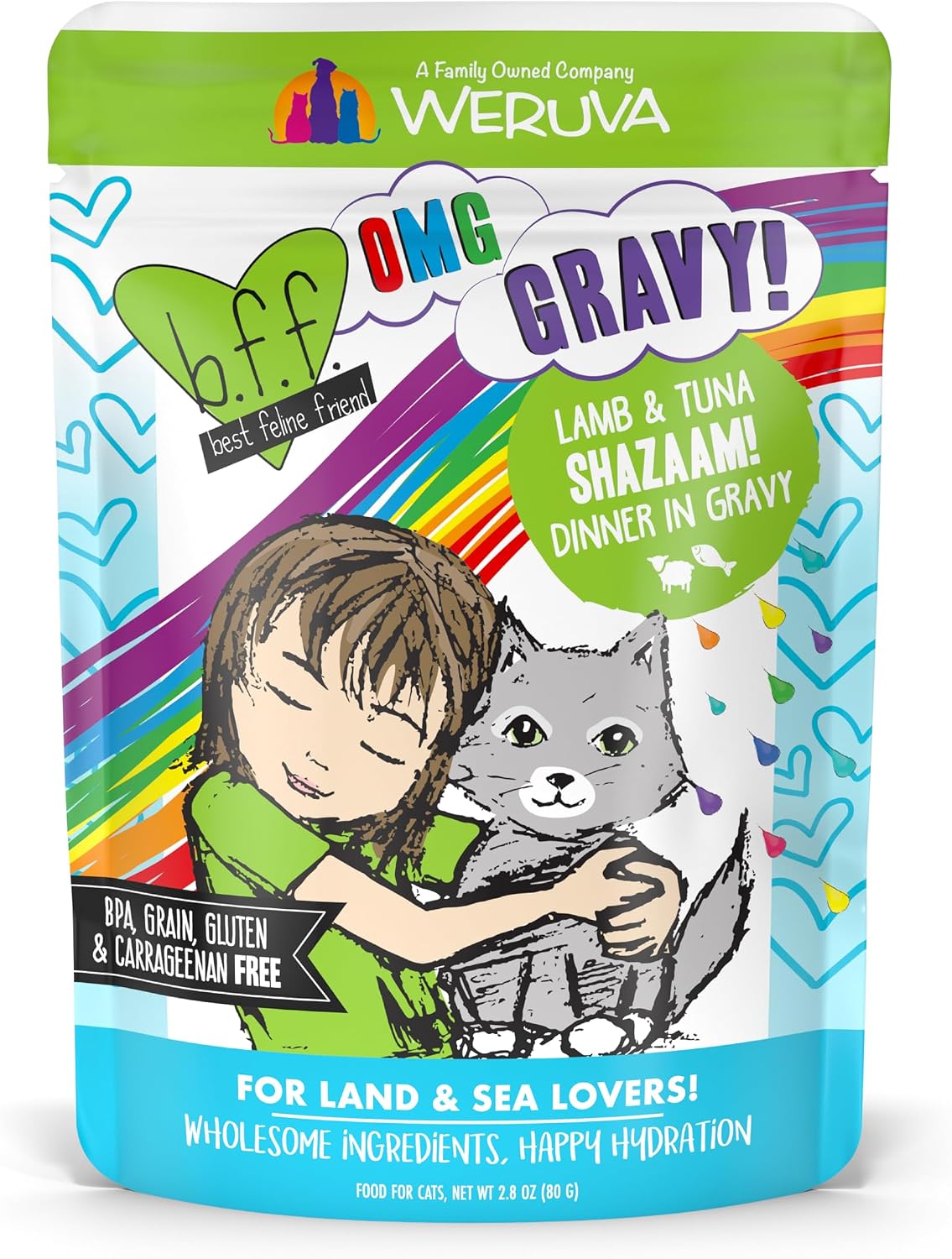 Weruva B.F.F. OMG - Best Feline Friend Oh My Gravy!, Tuna & Salmon Sweet Cheeks with Tuna & Salmon in Gravy Cat Food, 3oz Pouch (Pack of 12)