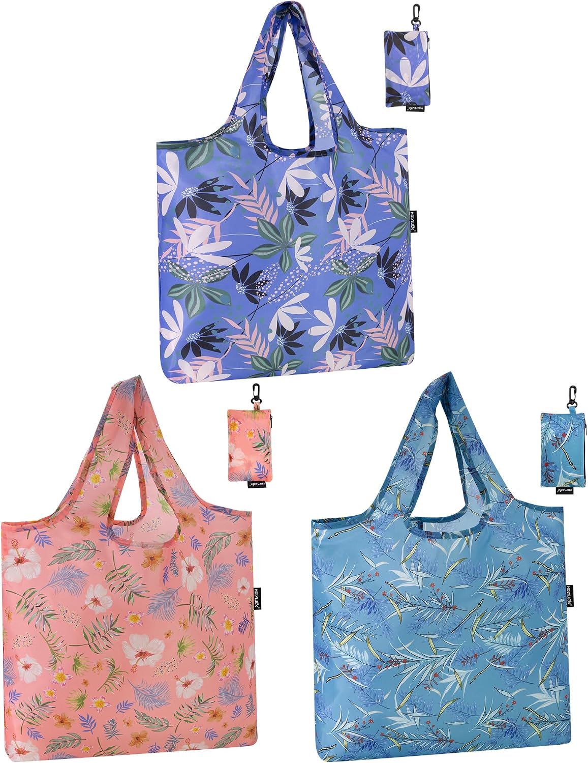 HOLYLUCK Reusable Grocery Bags,Heavy Duty Foldable Shopping Tote Bag (Standard, 3 Blue Geometric Flowers)