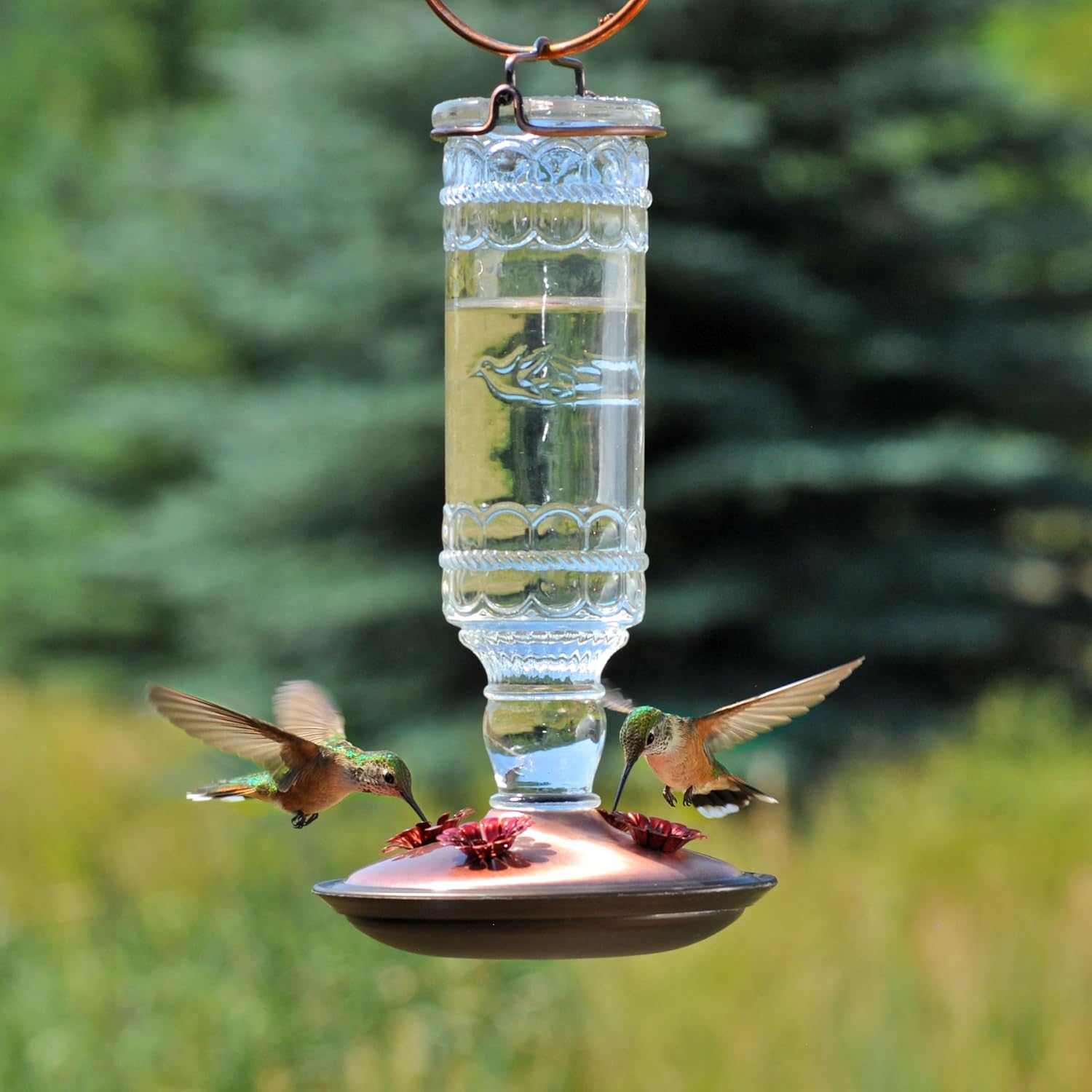 Perky-Pet Antique Glass Bottle Hummingbird Feeder, 10 oz Capacity, Green | 4 Feeding Ports for Outdoors Hanging Bird Feeders, Backyard Garden Décor