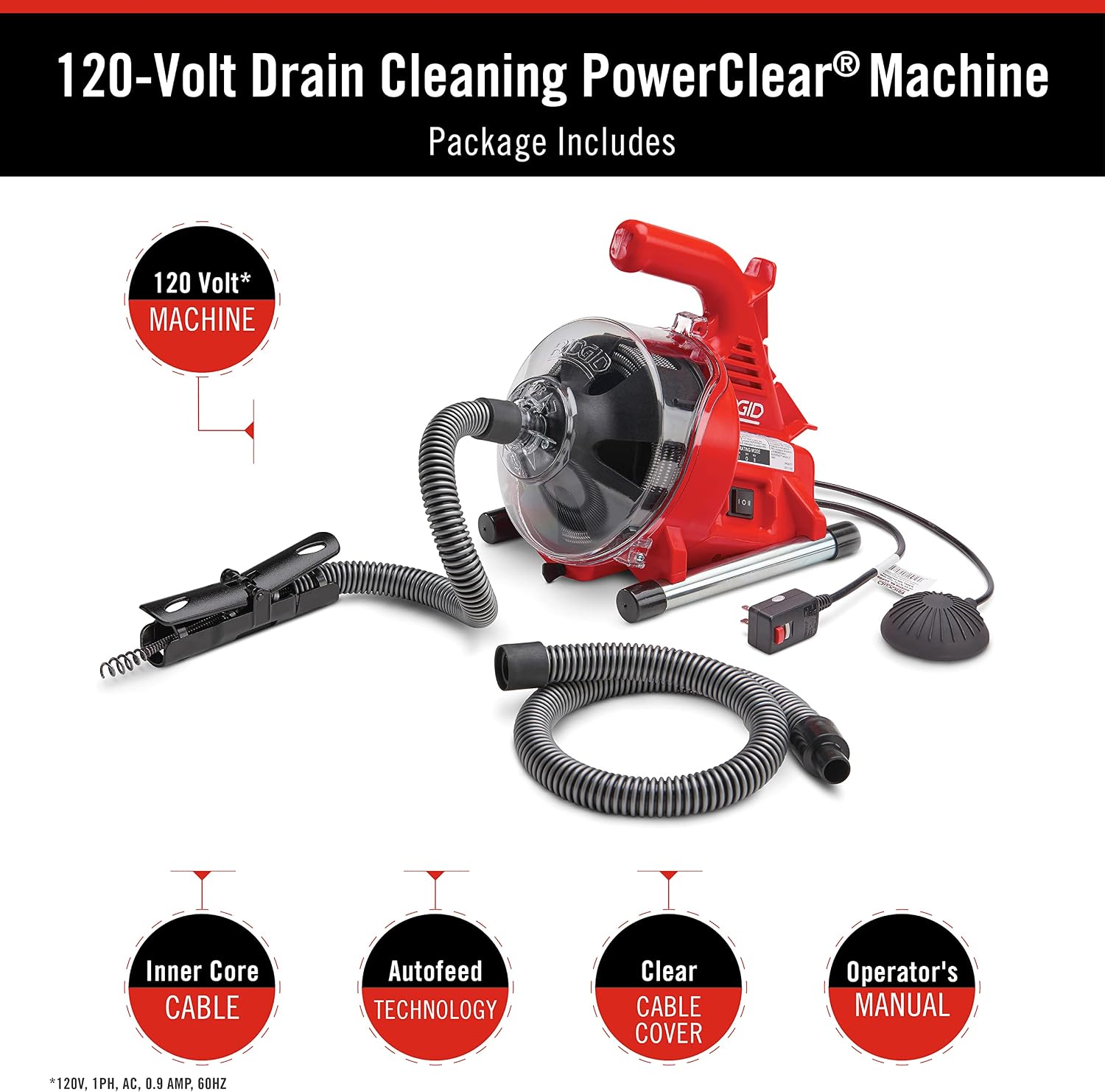 RIDGID 55808 PowerClear 120-Volt Drain Cleaning Machine Kit for Tubs, Showers, and Sinks, Drain Cleaner Machine Kit with AUTOFEED, Inner Core Cable