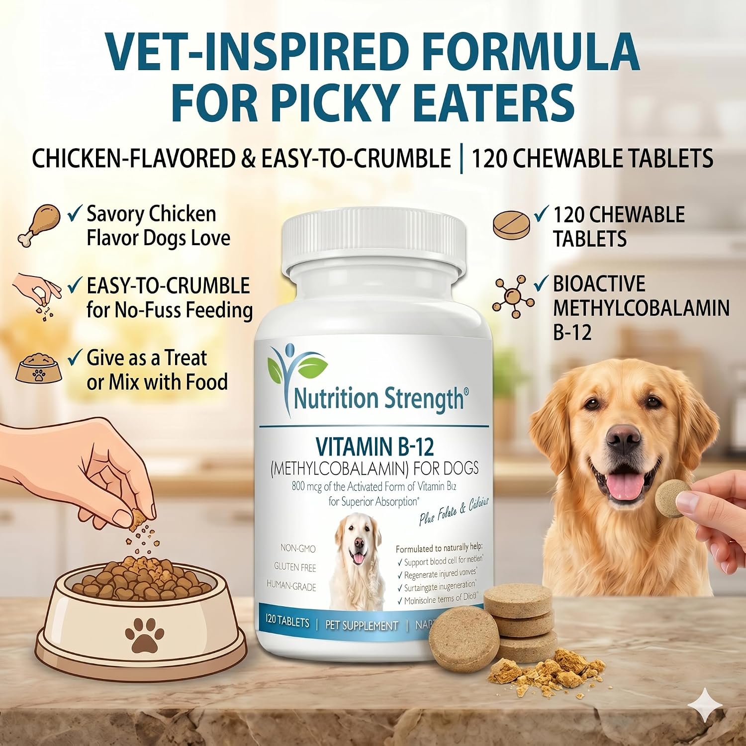 Vitamin B12 for Dogs Plus Folate & Calcium, Support the Nervous System & Blood Cell Formation