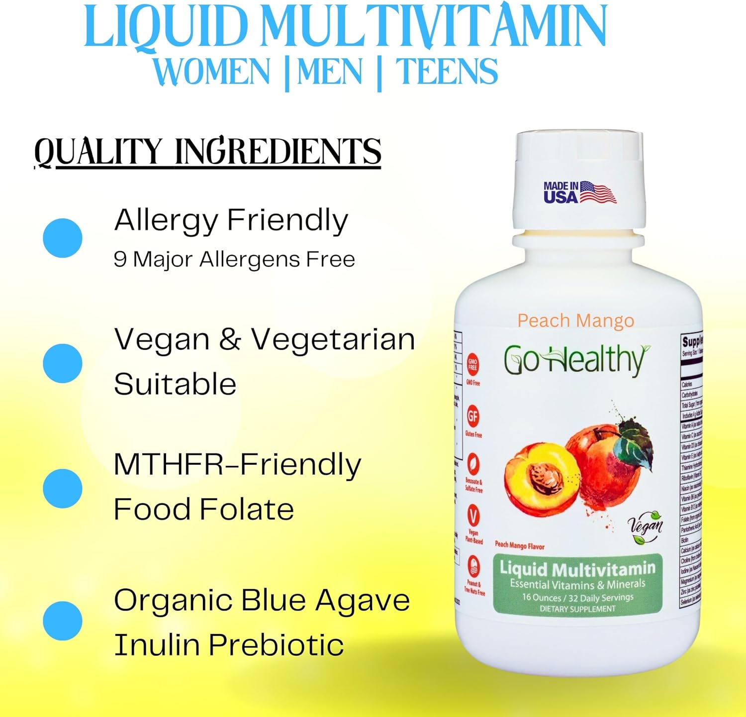 Go Healthy Liquid Multivitamin for Women, Men, Teens | Vegan Vitamin & Mineral Supplement | High Absorption | Premium Liquid Formula | Immune Support | Peach Mango Flavor | 32 Servings