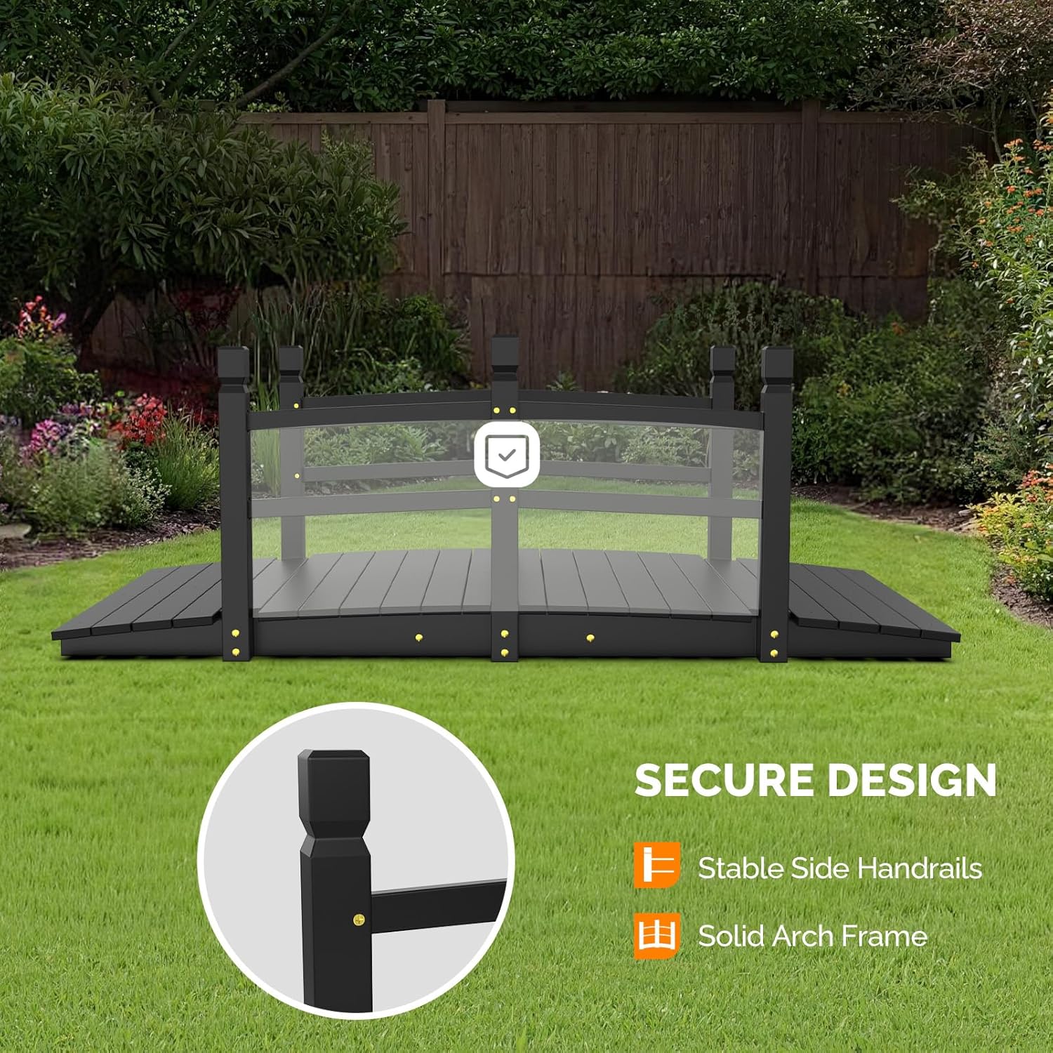 VINGLI 5 ft Garden Bridge, Classic Wooden Arch with Safety Rails Stained Finished Footbridge, Decorative Pond Landscaping, Backyard, Creek or Farm
