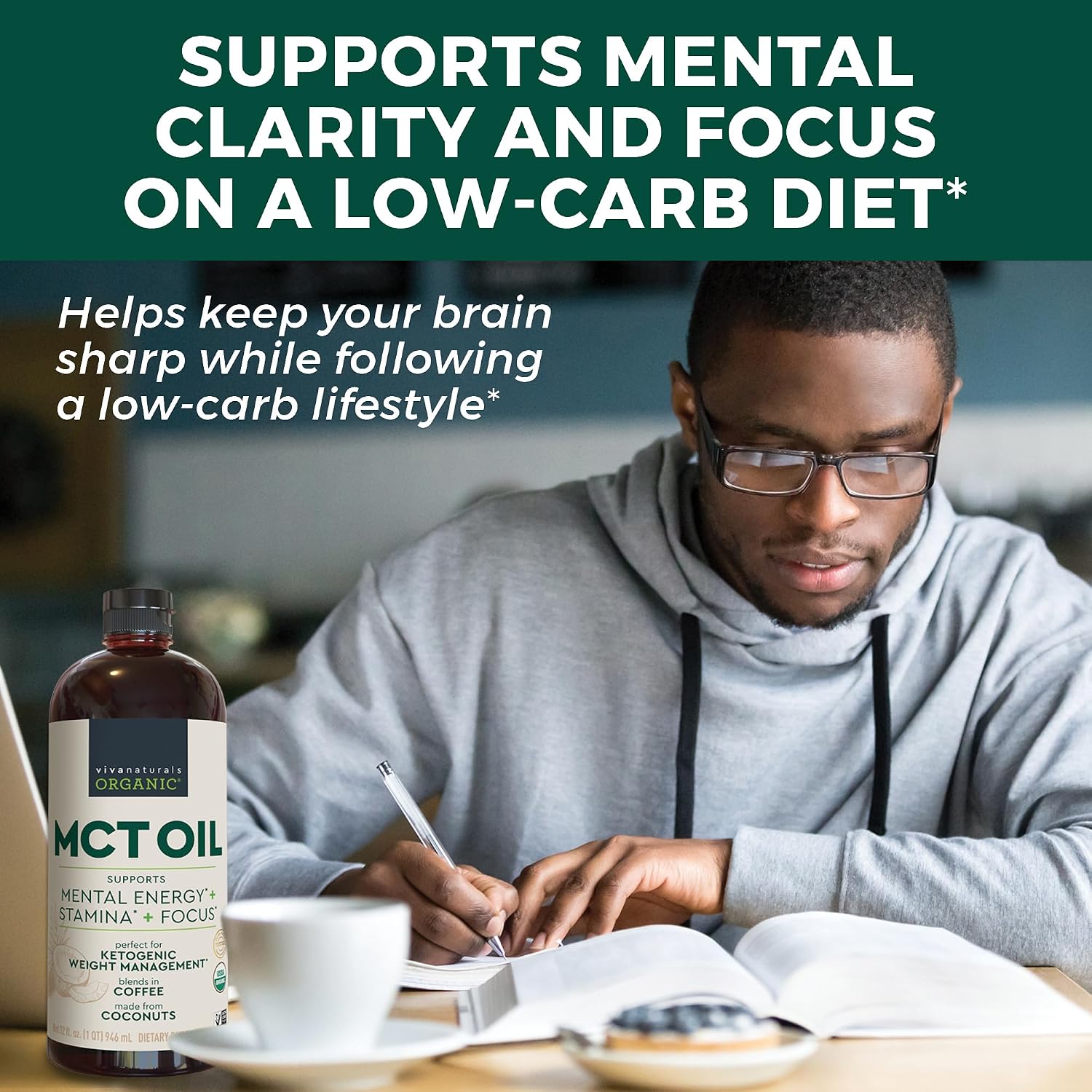 Viva Naturals Organic MCT Oil, 32 fl oz – MCT Oil for Coffee, USDA Organic, Non-GMO, Paleo Certified & Keto Friendly, Supports Energy & Mental Clarity