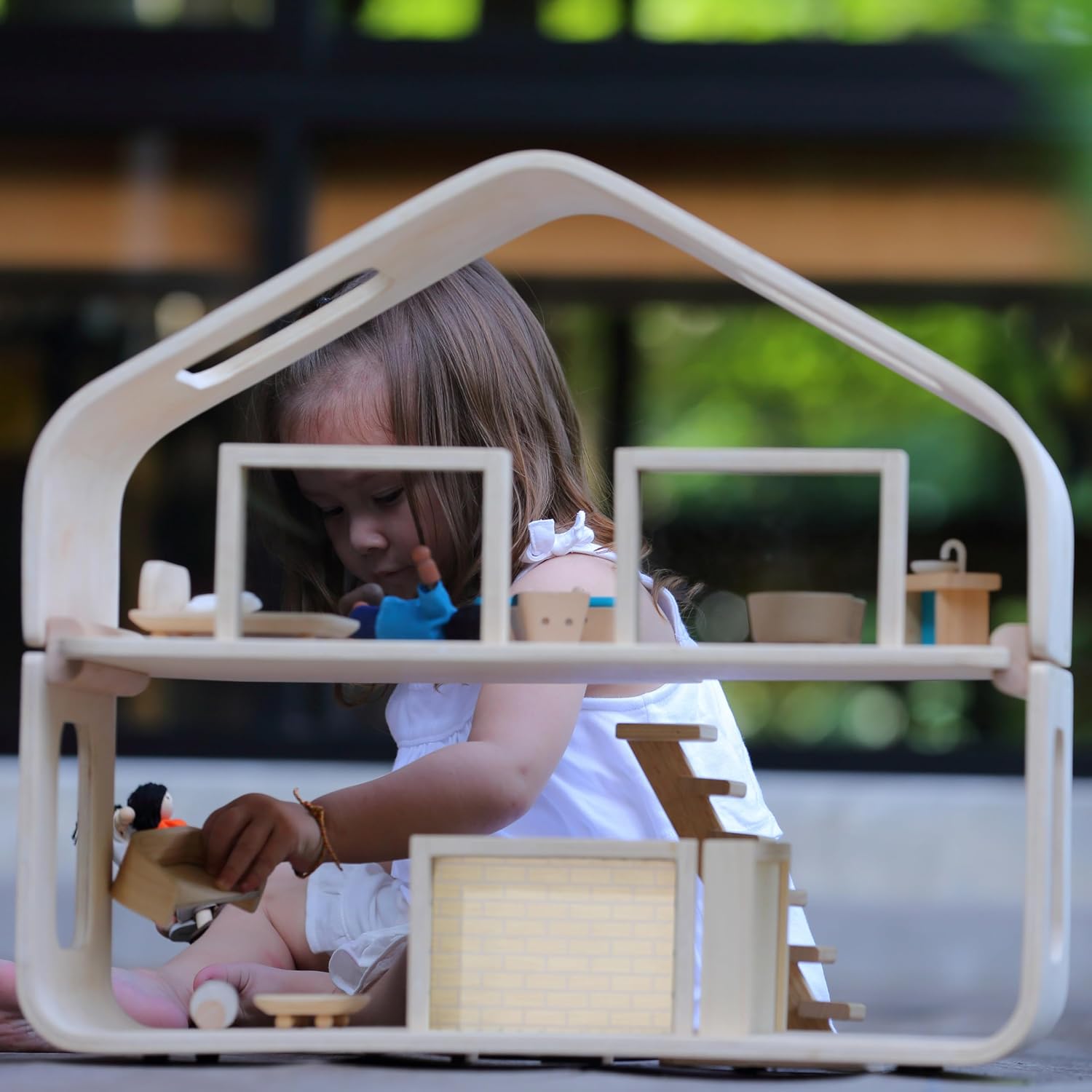 PlanToys® Green Wooden Dollhouse with Solar Panel, Wind Turbine & Furniture | recycling system, eco-friendly doll house, sustainable pretend play, kids, girls, environmental learning gift for boys