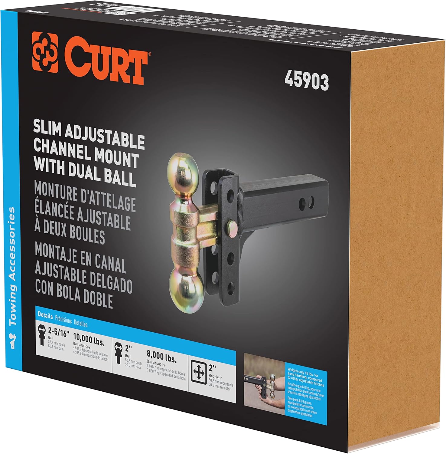 Slim Adjustable Channel Mount with Dual Ball (2" Shank, 10K, 3-3/4" Drop)