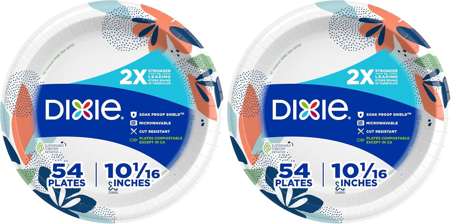 Dixie Large Paper Plates, 10 Inch, 54 Count, 2X Stronger, Microwave-Safe, Soak-Proof, Cut Resistant, Disposable Plates For Everyday Breakfast, Lunch, & Dinner Meals