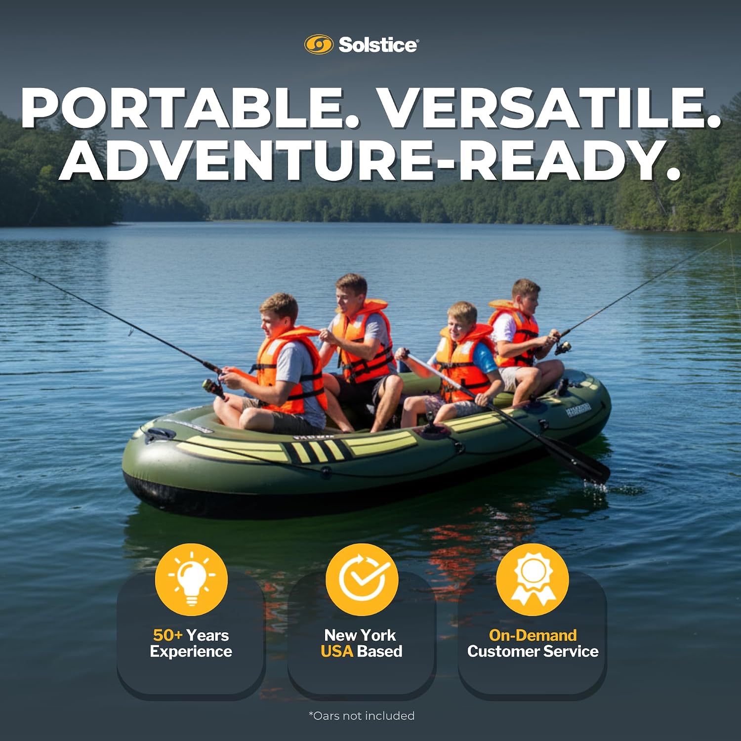 Solstice Voyager 4-Person Inflatable Fishing Boat with Dual Swivel Oar Locks and Rod -Holder, Motor Compatible 9' x 5'