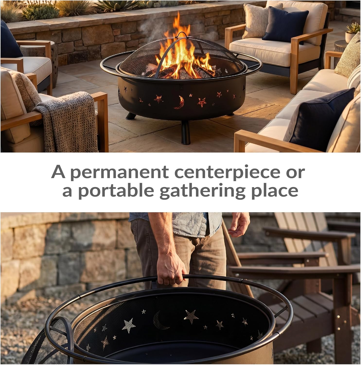 Sunnydaze Cosmic 42" Large Outdoor Fire Pit, Wood Burning, 34" Bowl Dia | Bronze, Heavy Duty Steel Metal, Includes Spark Screen, Wood Grate, & Poker, Round Backyard Firepit for Outside, Patio, Deck