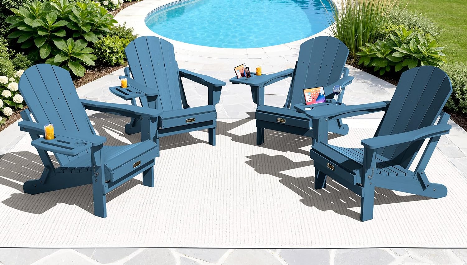 SERWALL Folding Adirondack Chairs with Cup Holder, Outdoor Fire Pit - Blue