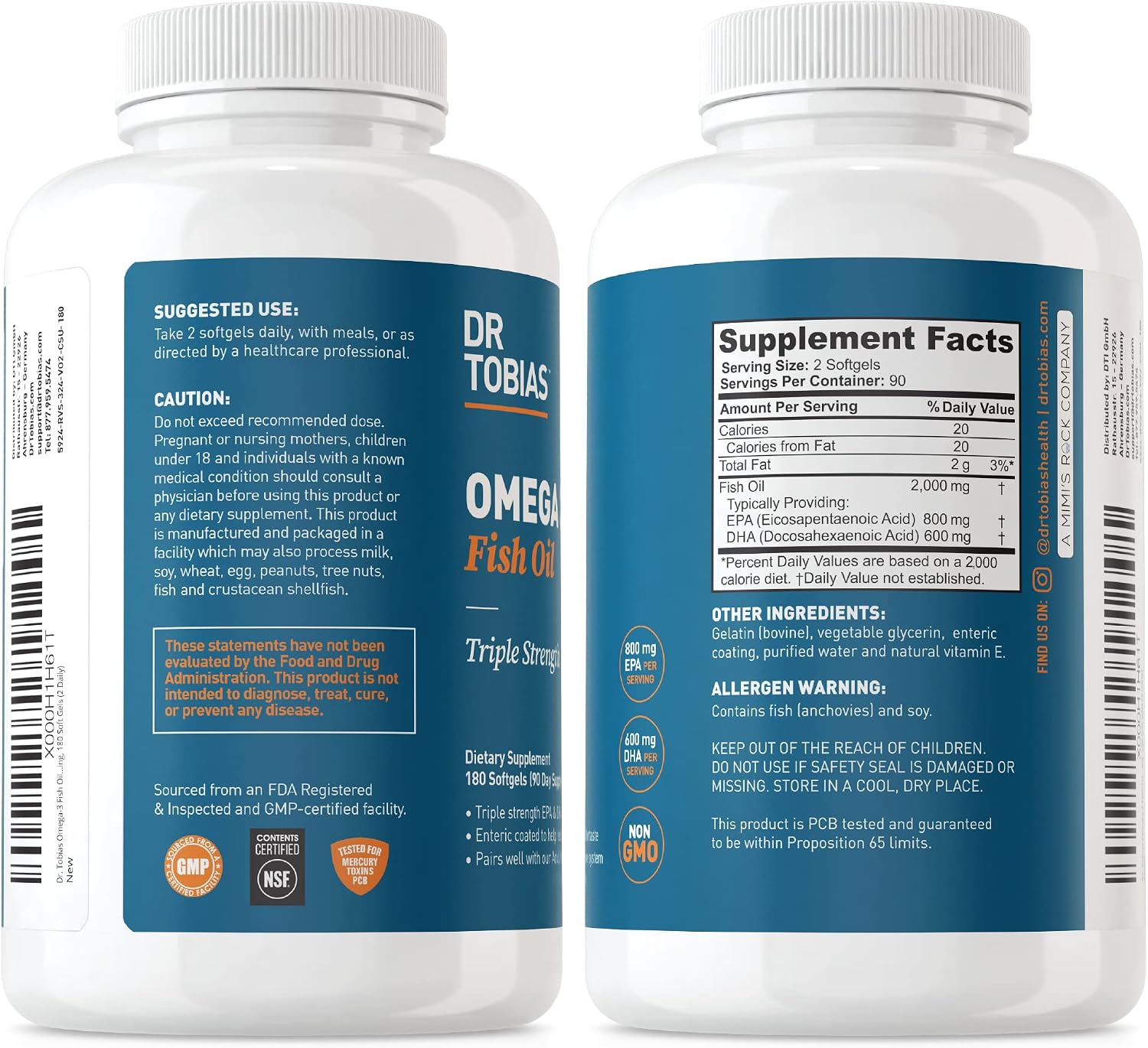 Dr. Tobias Omega 3 Fish Oil 2000mg Triple Strength | 180 Softgels | Heart, Brain & Joint Support | 2,000 mg Fish Oil | 800 mg EPA + 600 mg DHA | Delayed Release Omega 3 Supplement | 90 Servings