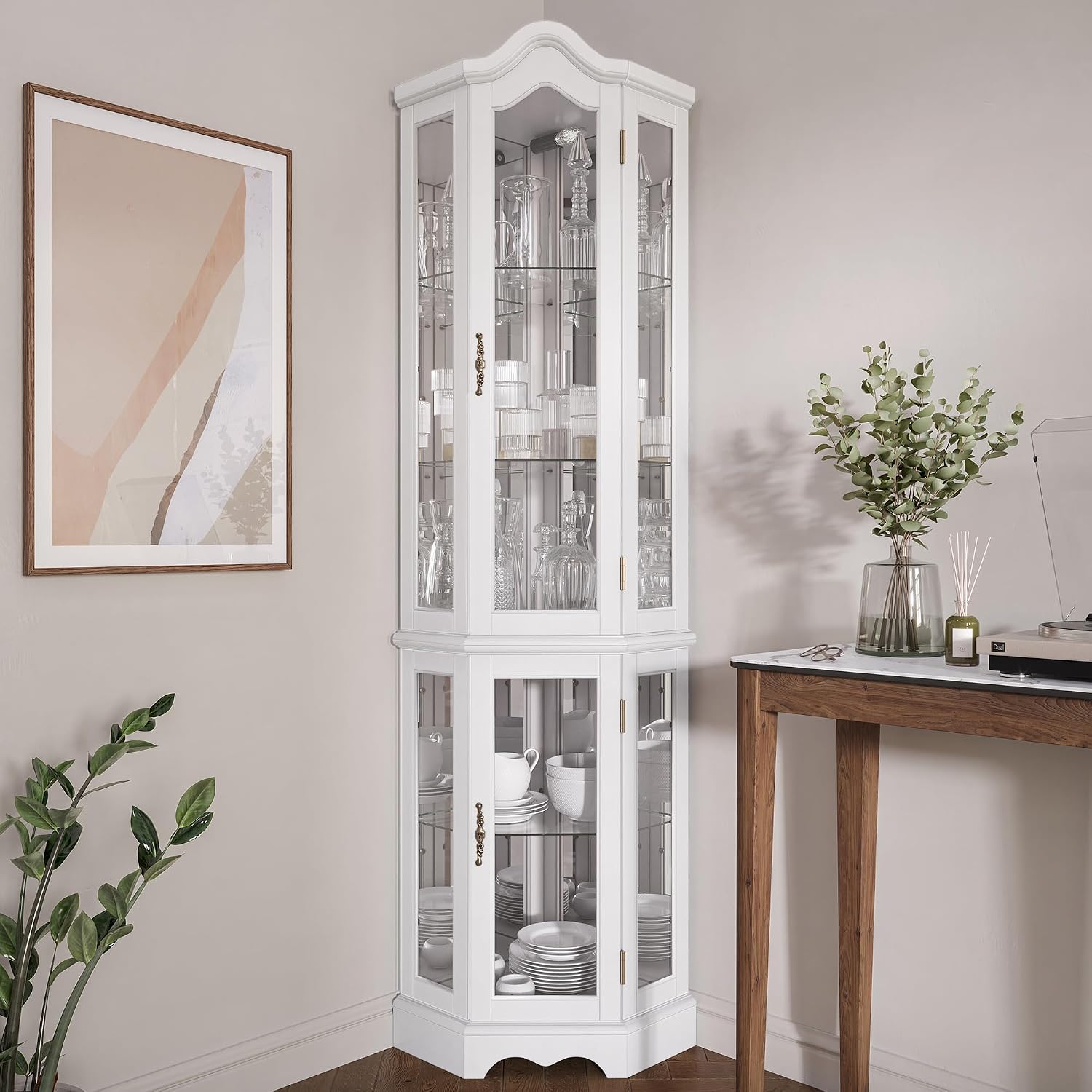 BELLEZE Lighted Corner Display Curved Top Curio Cabinet Wooden Shelving Unit with Tempered Glass Door