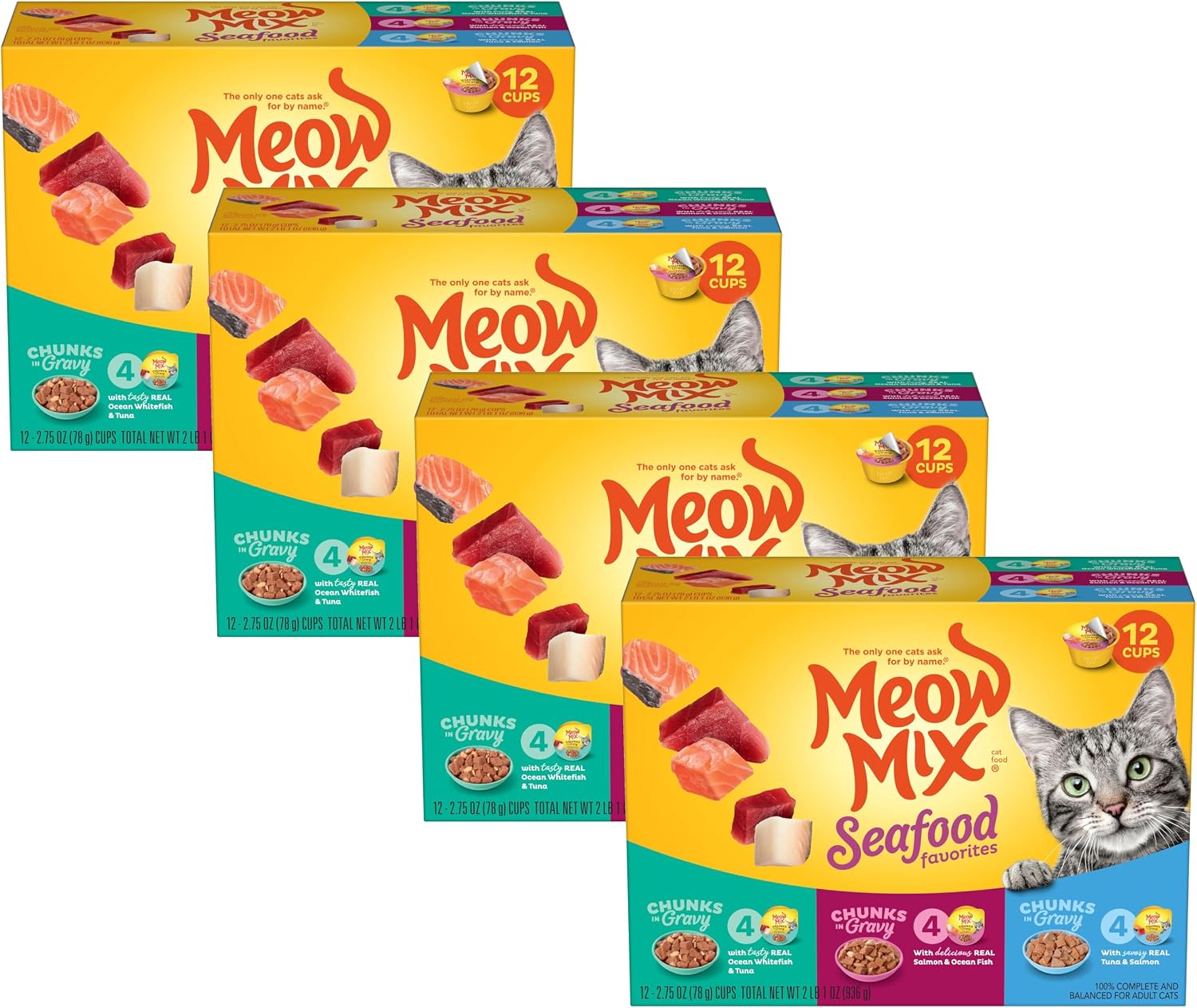 Meow Mix Seafood Favorites, Wet Food Variety Pack, 12 Cups