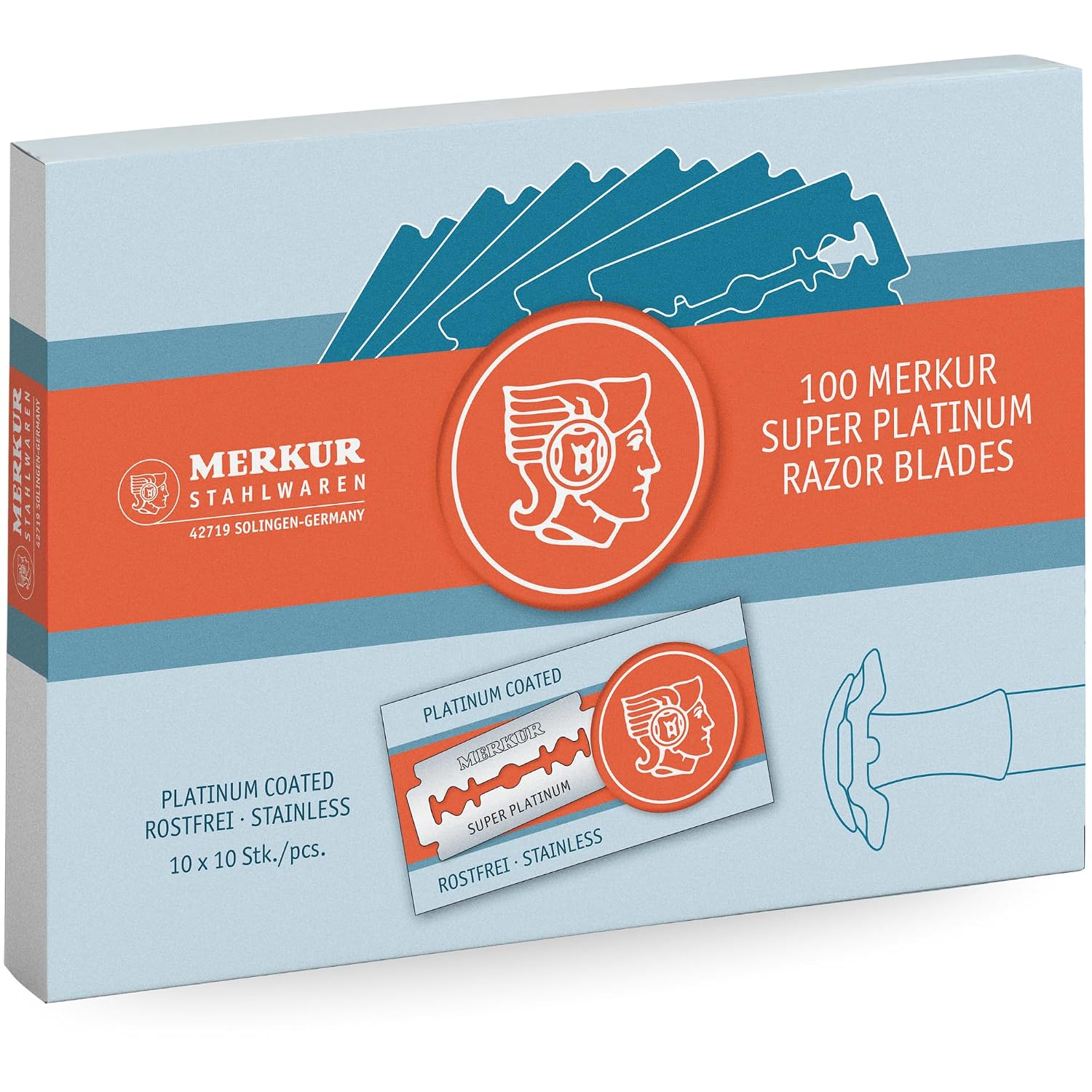 MERKUR SUPER Double Edge Safety Razor Blades, 10 Count (Pack of 3), Precision Stainless Steel Blades with Platinum and Teflon Coating