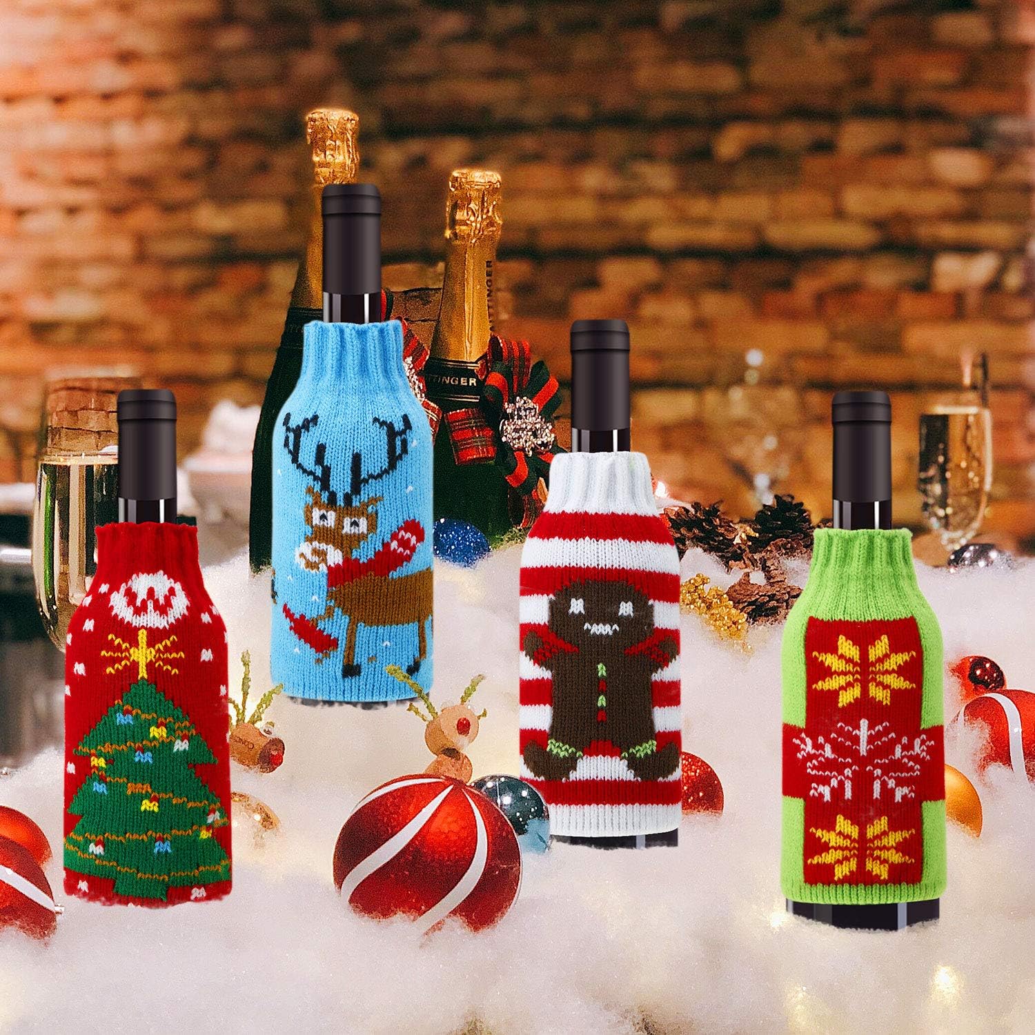Boao 6 Sets Christmas Wine Bottle Cover and Hats Decoration Handmade Ugly Sweater Knit Wine Bottle Dress Santa Reindeer Snowman for Christmas