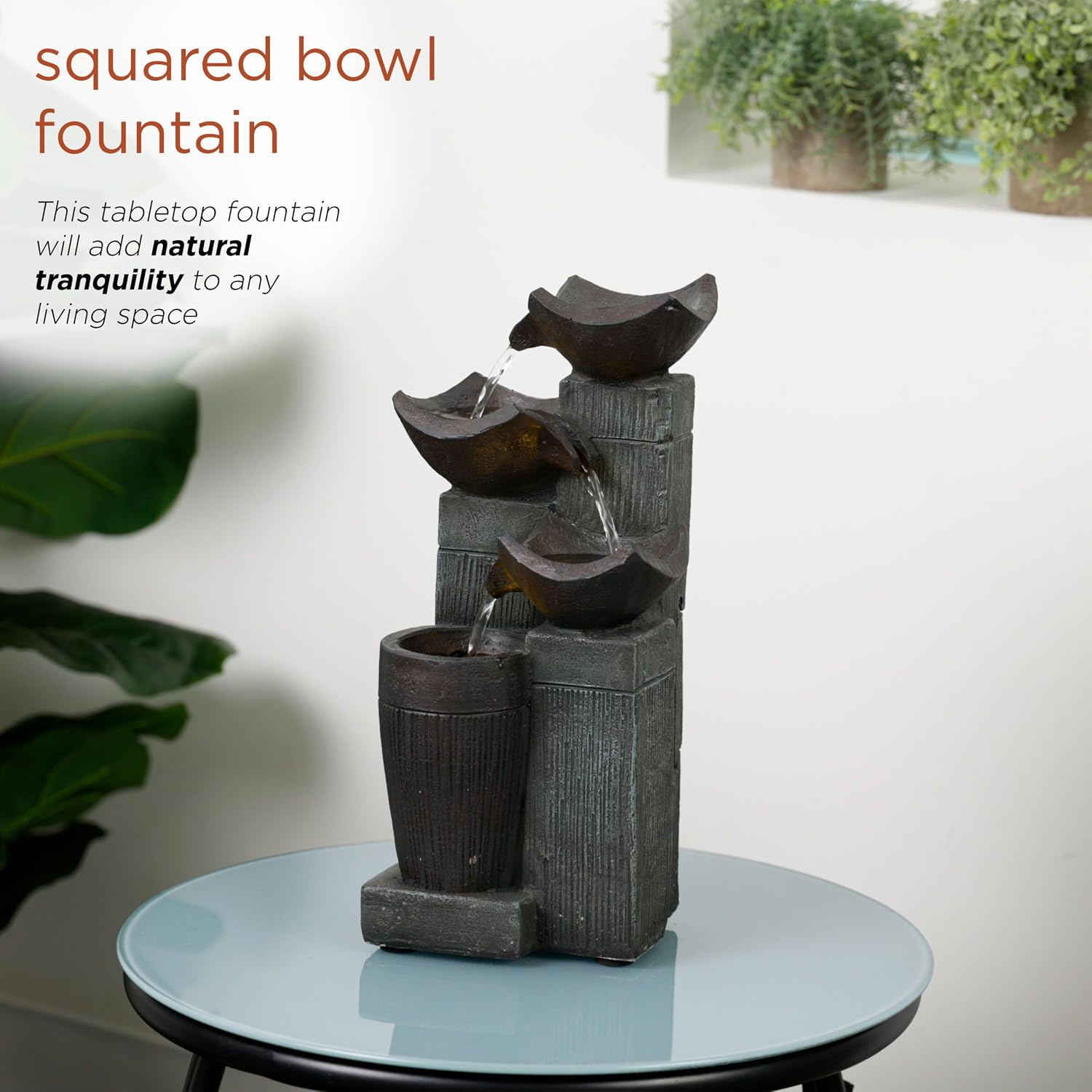 Alpine Corporation WIN326 Indoor Tabletop Light-Up Tiered Rainforest Tree Trunk Water Fountain with LED Lights, 11", Brown