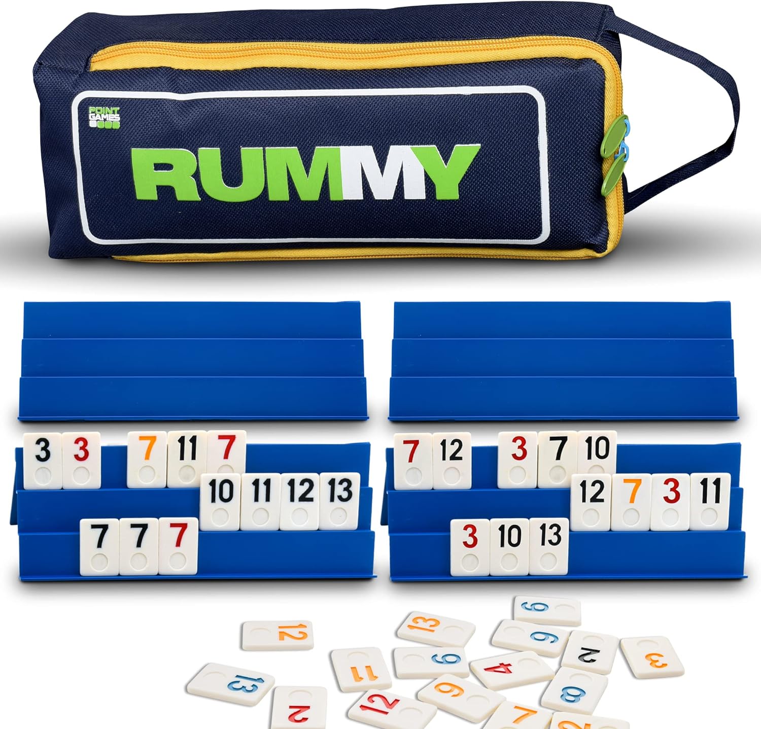 Point Games Classic Mini Rummy Game Set with 4 Exclusive Folding Playing Racks in Super Durable Travel Bag, for 2-4 Players Great Gift for Adults and Kids
