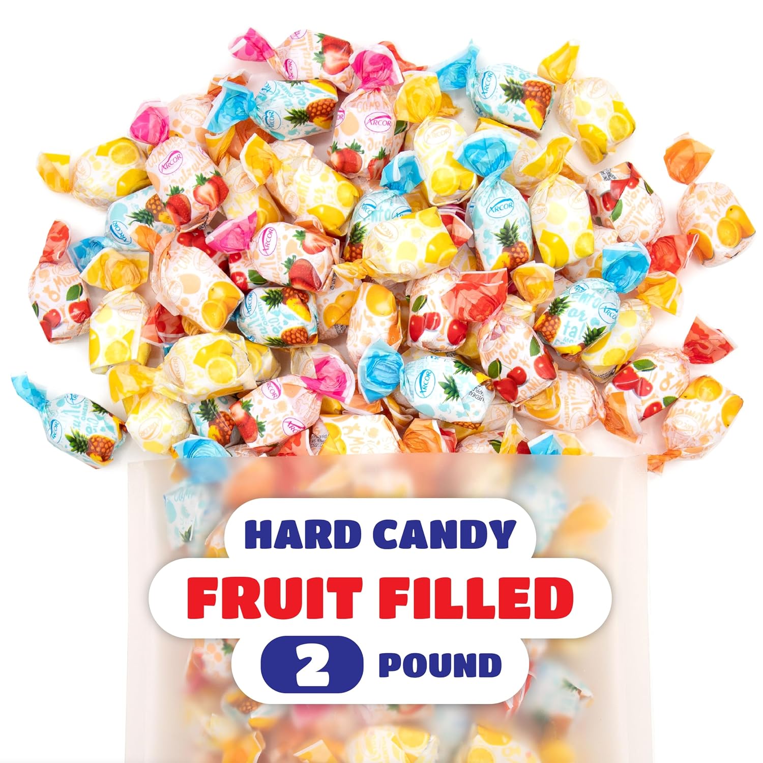 Arcor Fruit Filled Hard Candy, Bon Bons Candy - 2 Lb Bag | Pineapple, Strawberry, Orange, Cherry, Lemon, Office Candy