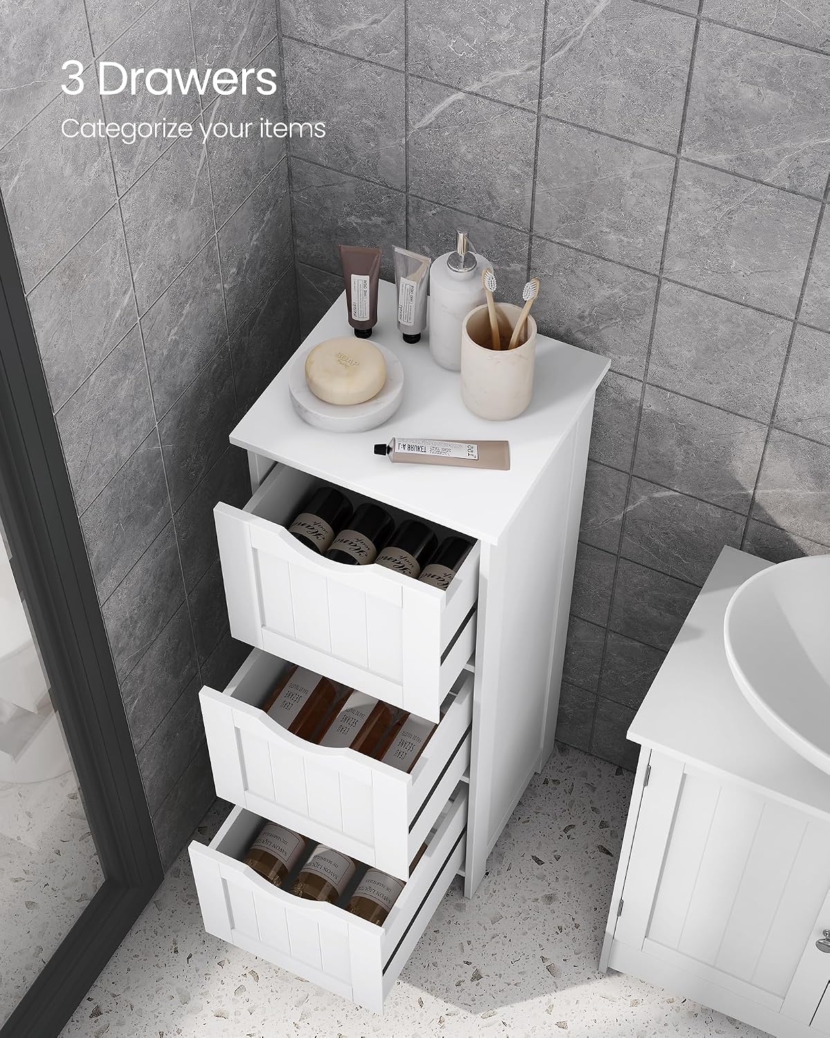 VASAGLE Floor Storage Cabinet, Freestanding Storage Organizer with 4 Drawers, 11.8 x 11.8 x 32.3 Inches, for Living Room, Bathroom, Dining Room, Kitchen, Modern Style, Cloud White ULHC040WH01S