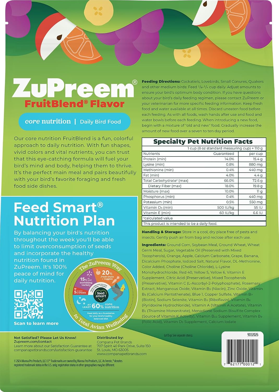 ZuPreem FruitBlend Cockatiel & Conure Food, Uniform Bird Food, M, 2 lb | Bird Food Pellets, Real Fruit, Blend, Cockatiel Food, Conures, Lovebirds, Love Bird Pellets, Quaker, Parrot, Medium Birds