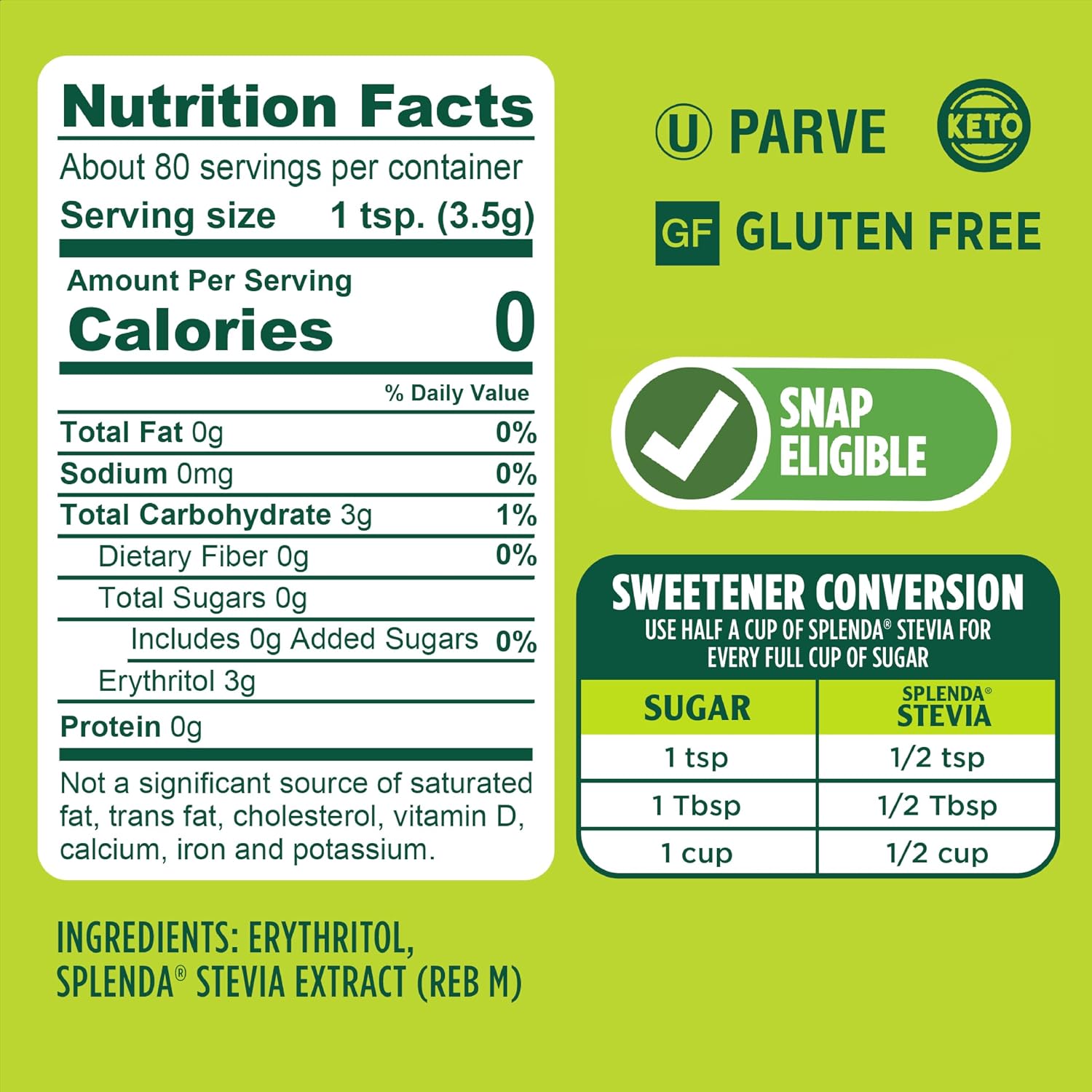 SPLENDA Stevia Zero Calorie Sweetener, Plant Based Sugar Substitute Granulated Powder, 19 oz Jar